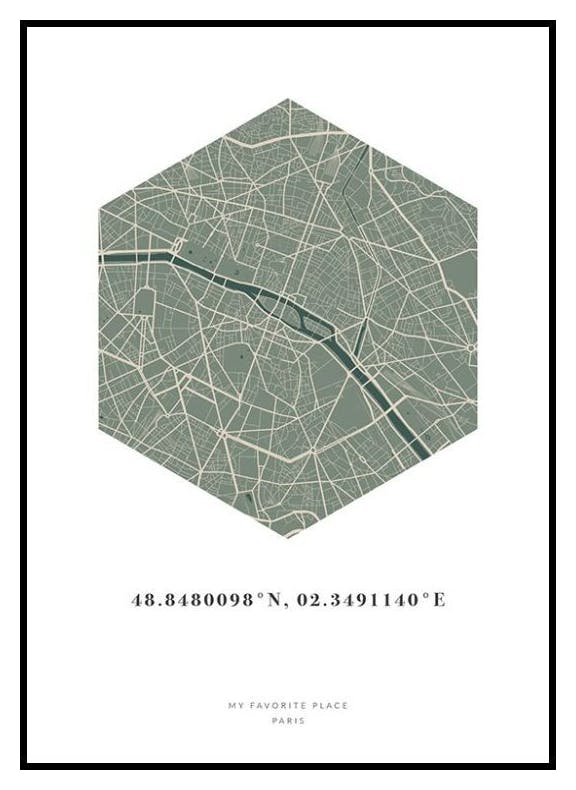 Sexhörnig Karta Mossgrön Personlig Poster (30x40 cm) - Poster Store