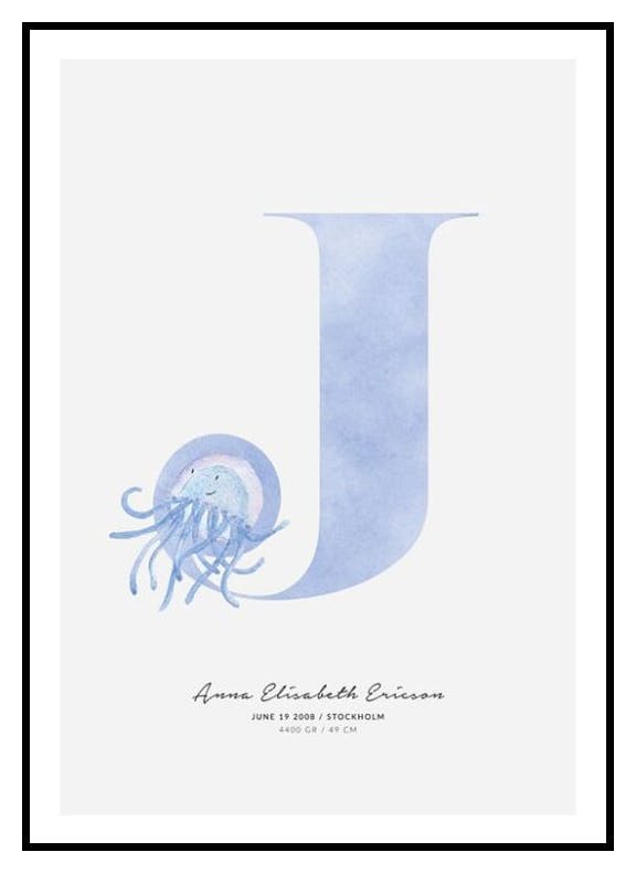Lasten kirjain J, persoonallinen juliste (30x40 cm) - Poster Store