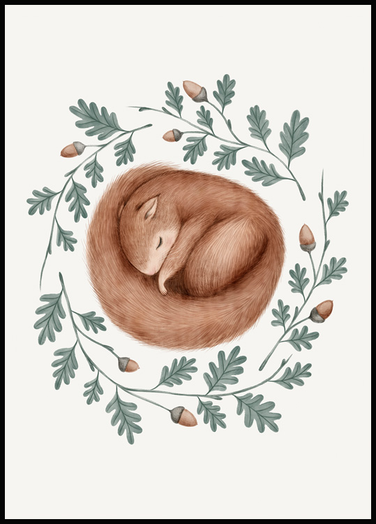 Poster Di Scoiattolo Arboricolo In Precisionismo Illustrazioni Di Animaletti  Addormentati In Colori Caldi Per Cameretta Dei Bambini A4 Senza Cornice