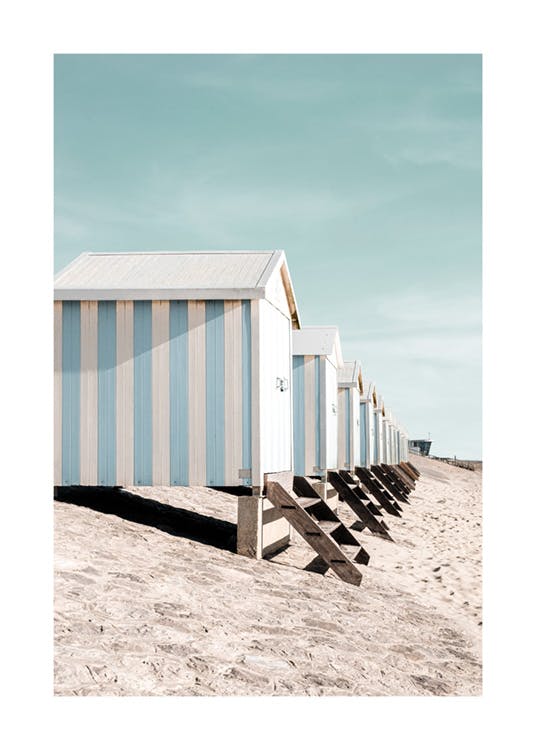 Poster cu căsuțe albastre pe plajă 0