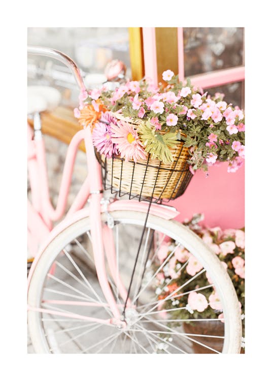 Roze fiets met bloemen poster 0