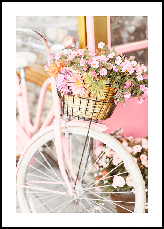 Glimte Seaboard Eksperiment Lyserød cykel med blomster plakat – Blomstercykelplakat