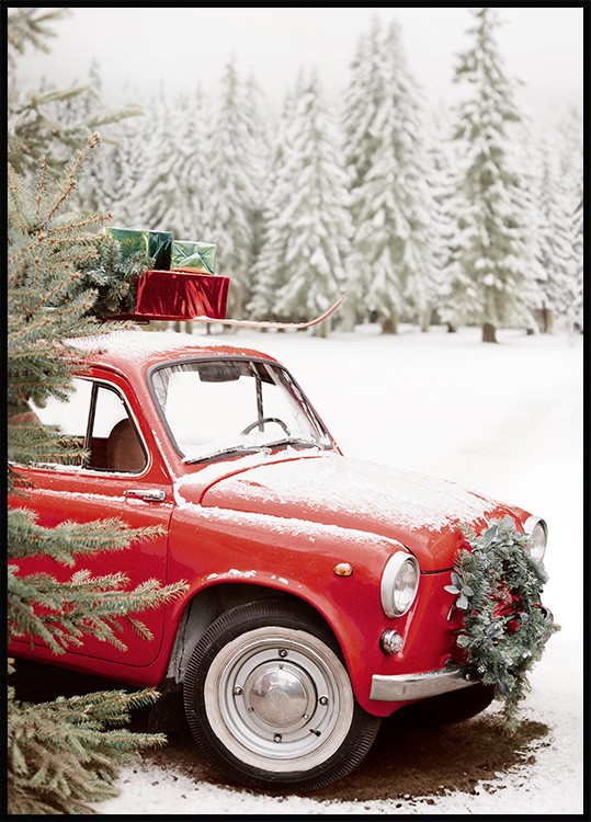 Weihnachtsauto Poster - Rotes Vintage Auto Foto