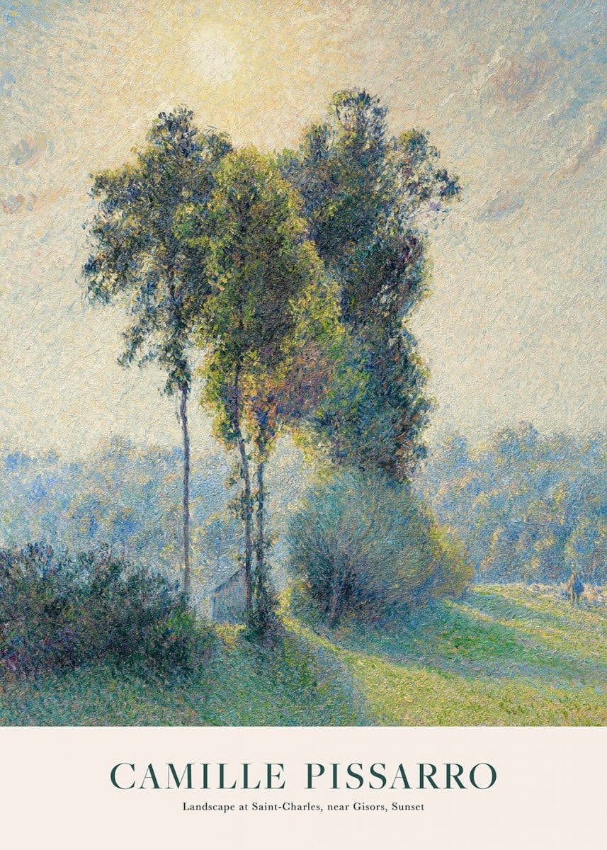 Camille Pissarro – Landschap bij Saint-Charles, In de buurt van Gisors, Zonsondergangsposter 0