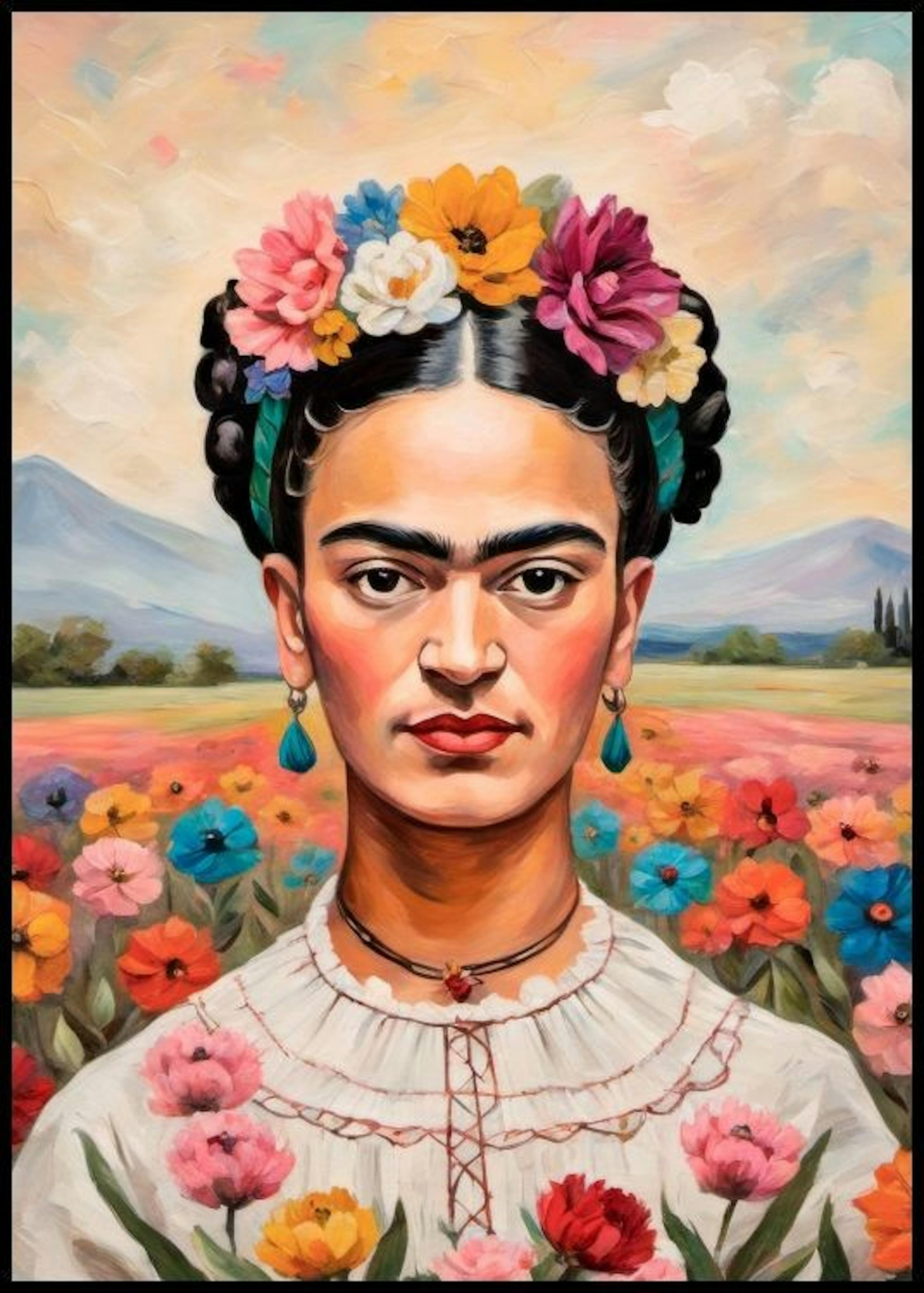 Frida Kahlo en Campo de Flores Póster 0