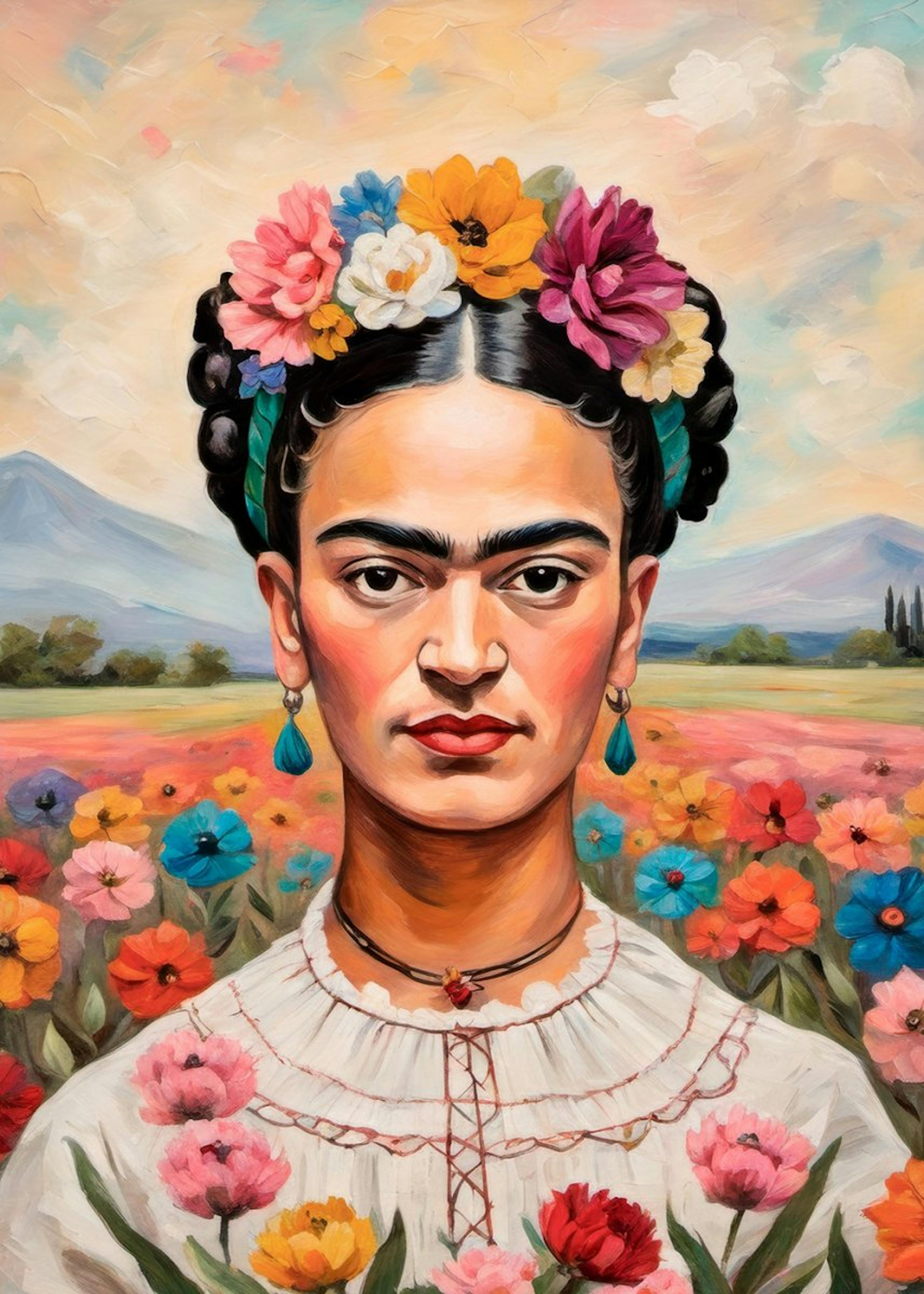 Frida Kahlo en Campo de Flores Póster 0