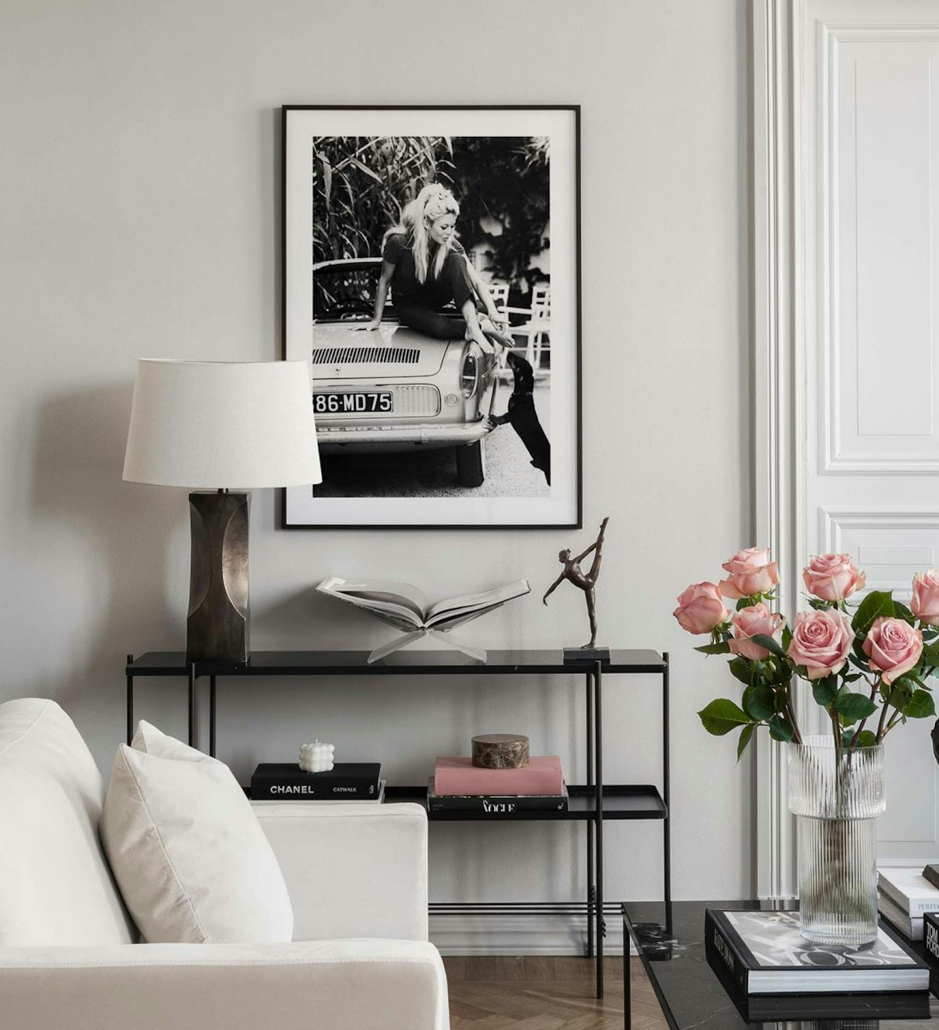 Iconic gallery wall in monochrome for living room