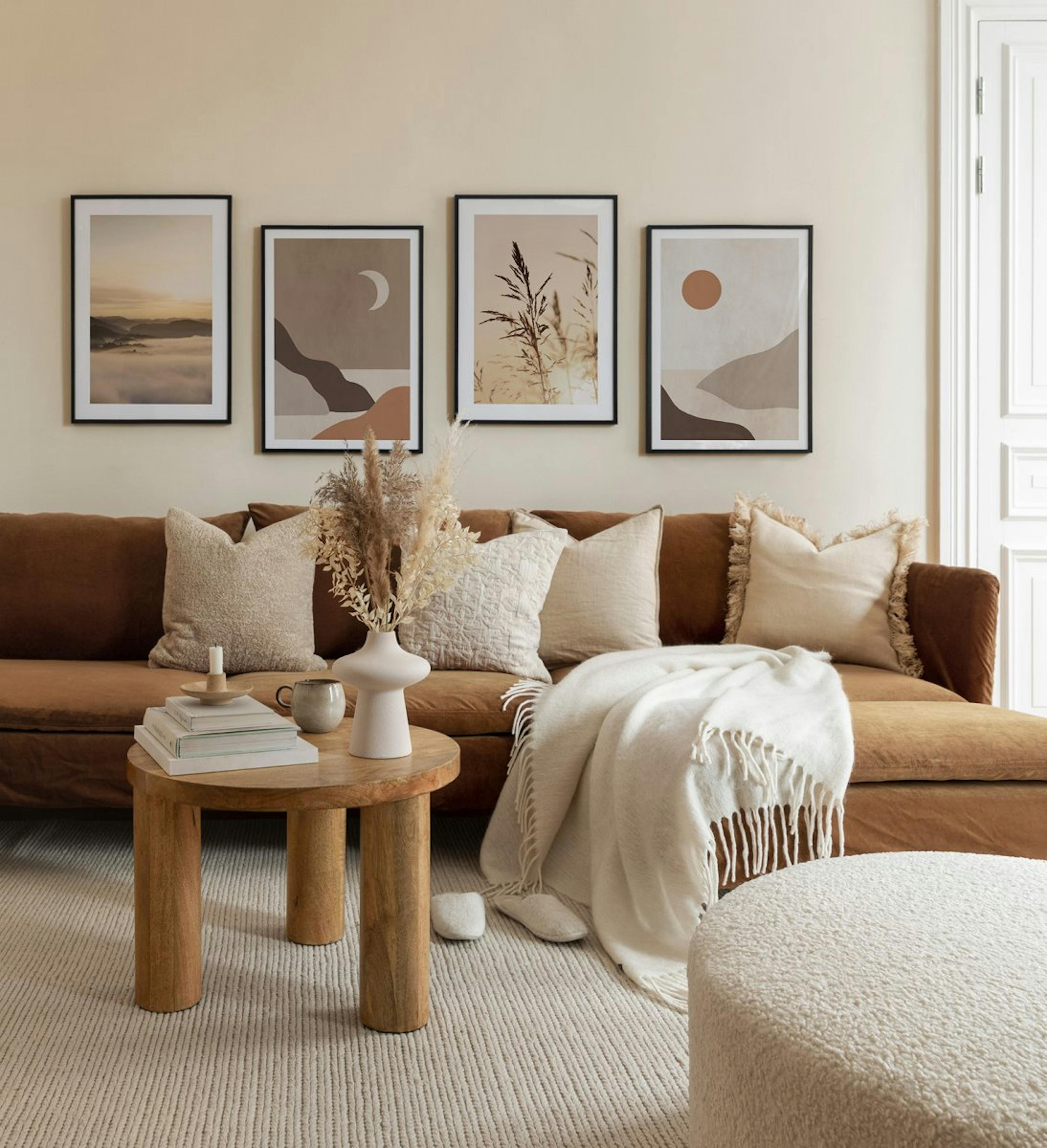 Serene gallery wall in brown and beige tones with landscape prints along with dark wood frames for living room