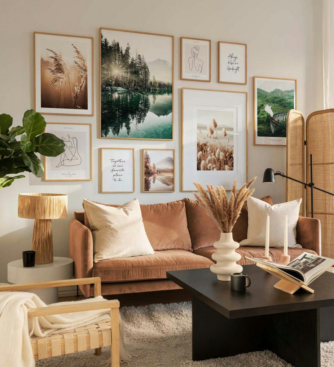 Beige prints and photographs with inspiration from the autumn combined with line art with oak frames for living room