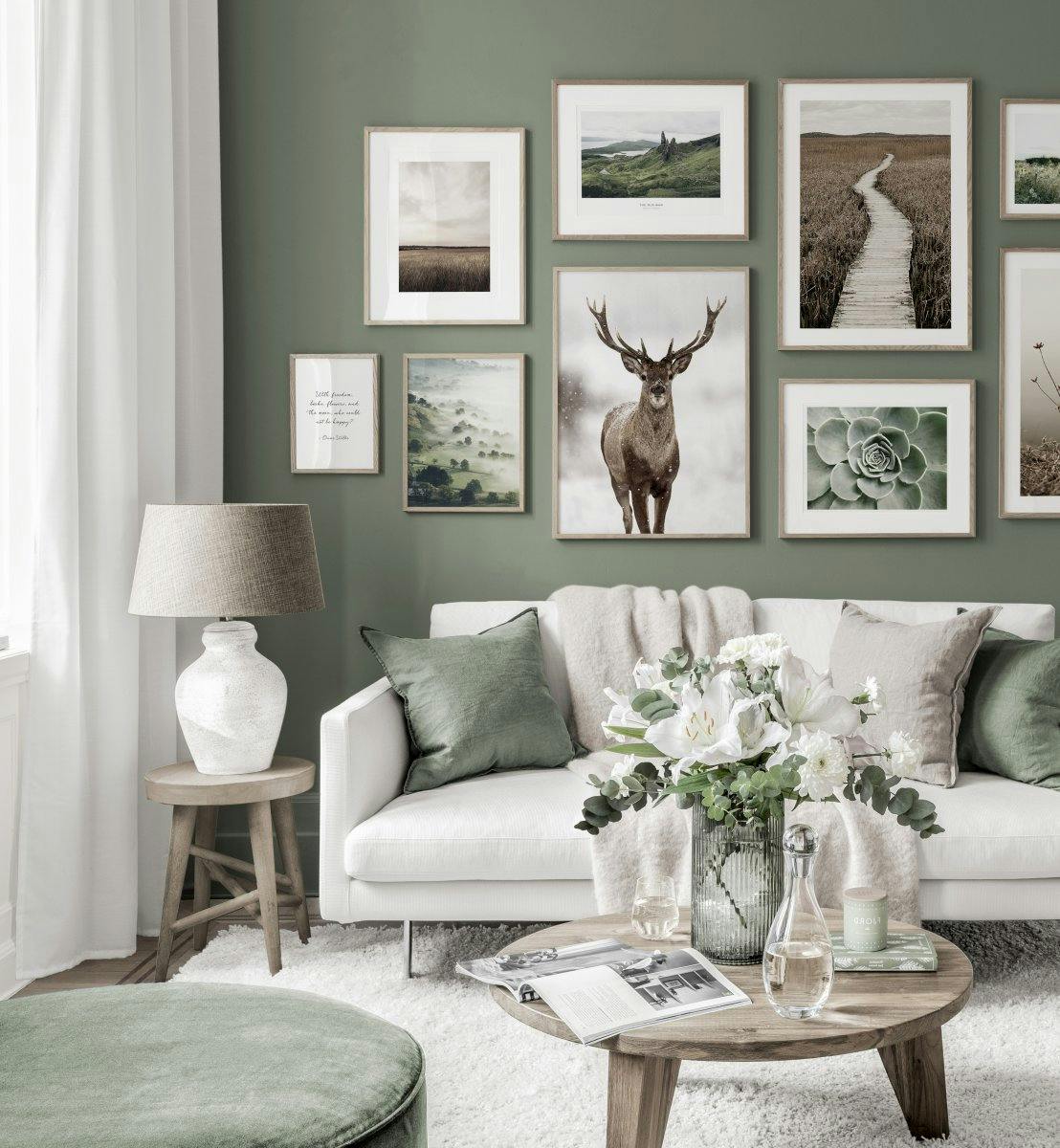 Stunning gallery wall nature posters red stag green white interior oaken frames