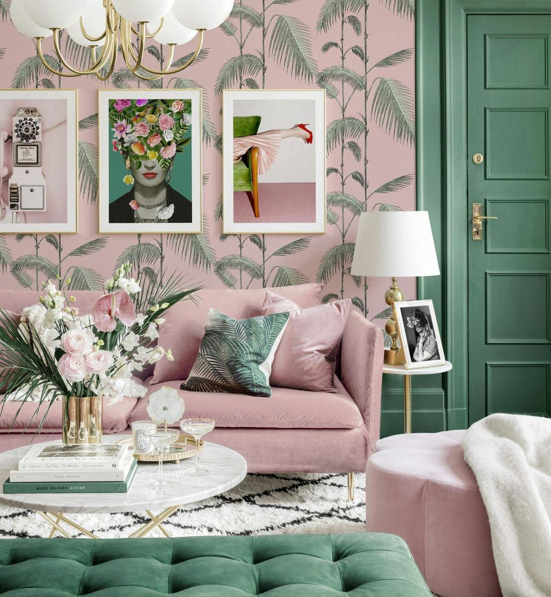 Good vibes gallery wall chinoiserie frida kahlo prints pink and green living room