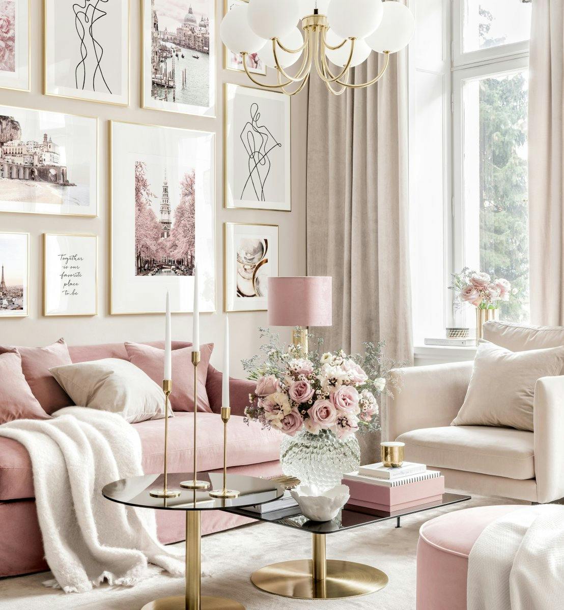 Roze glamoureuze wanddecoratie architectuur posters mode-posters gouden fotolijsten