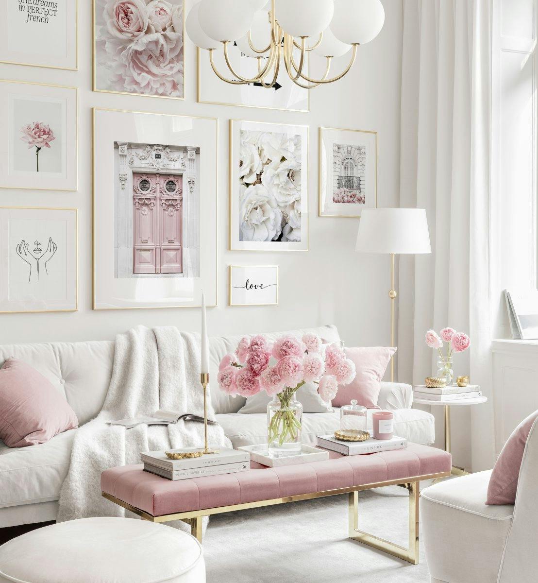 Pink harmony gallery wall flower posters pink wall art golden frames