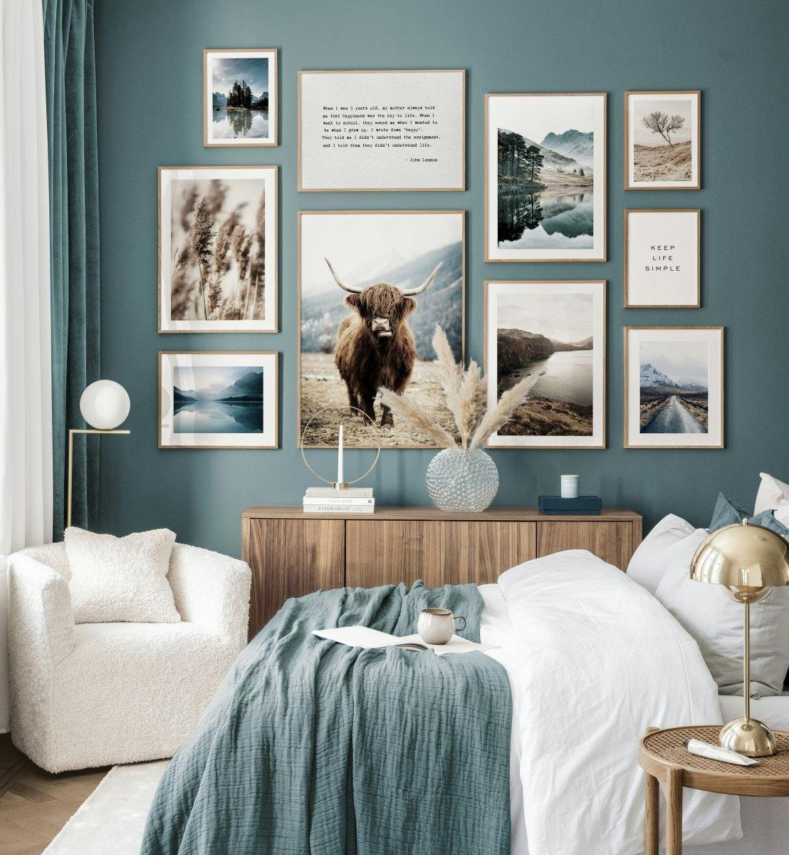 Adventurer gallery wall blue interior nature posters landscapes oaken frames