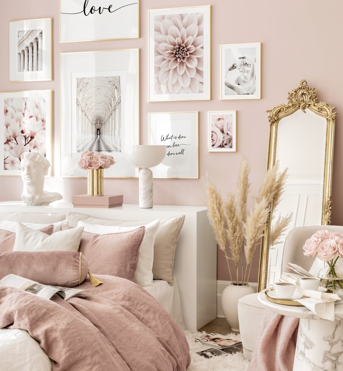 Pink dream gallery wall flower posters pink room decor golden frames