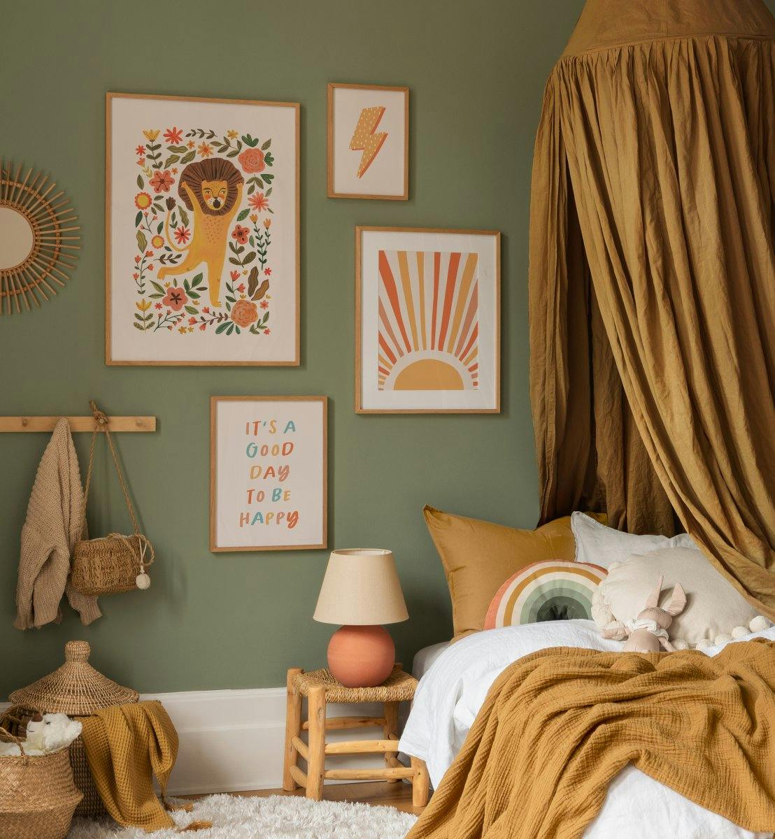 Animal print and illustrations in happy colors for children's bedroom