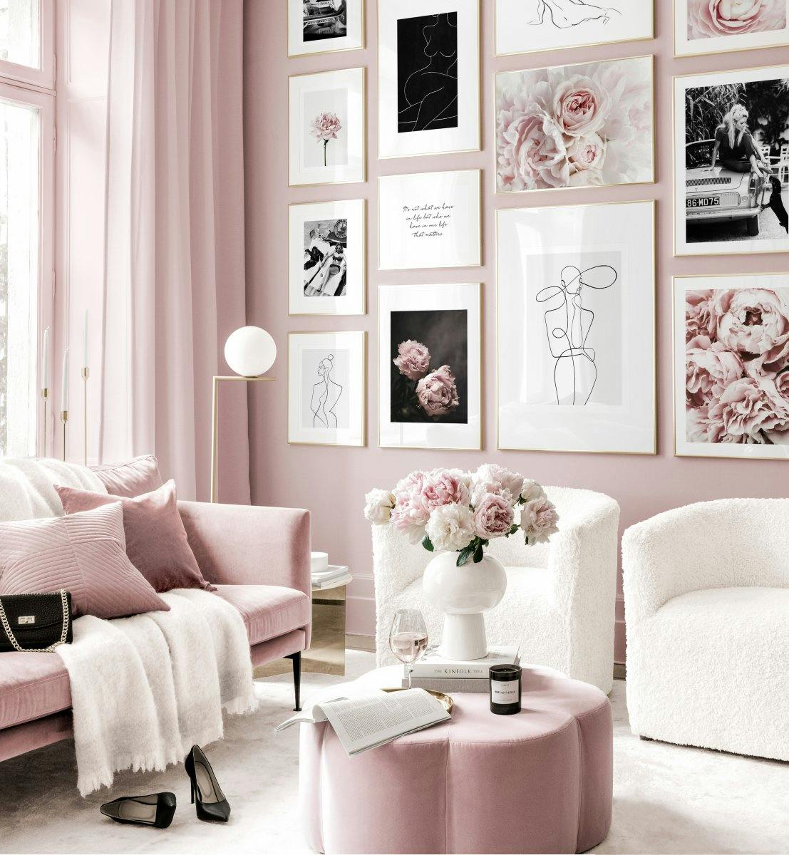 핑크 꽃 갤러리 벽 추상 포스터 골든 프레임