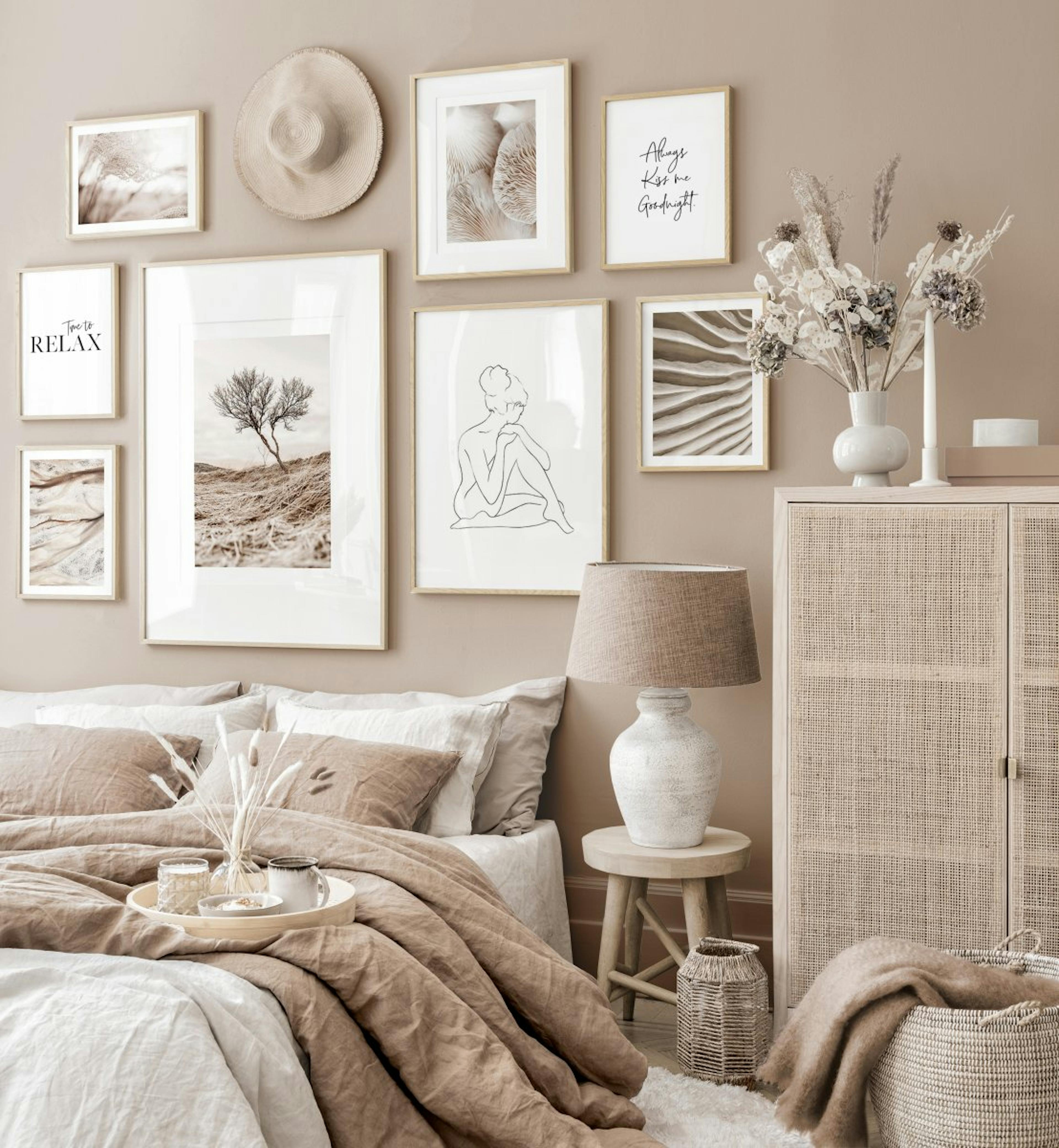 Mindfulness gallery wall beige bedroom nature posters oak frames