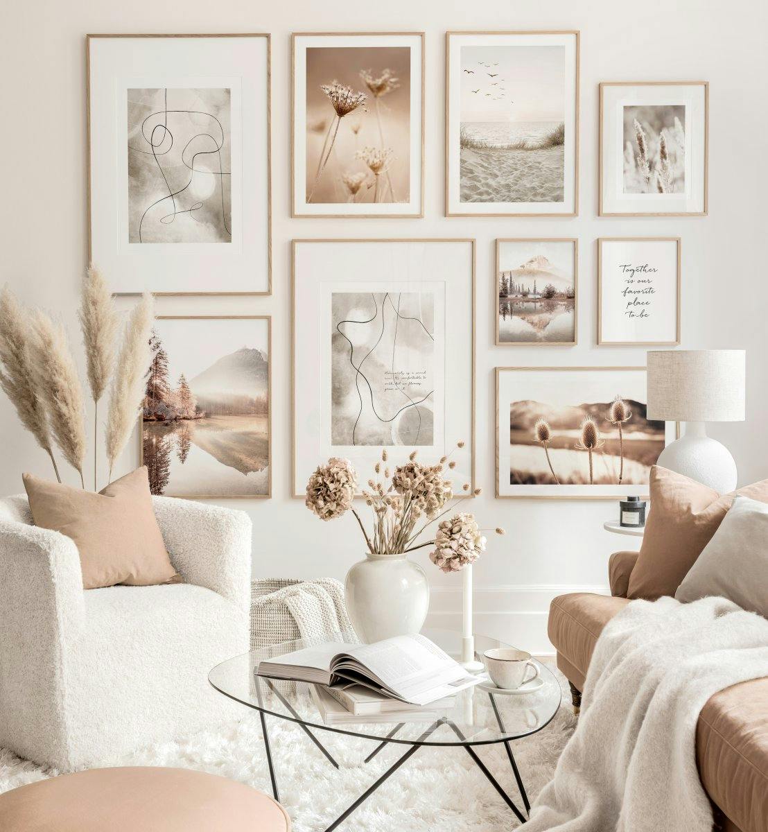 Calm beige gallery wall abstract prints nature posters beige living room ideas