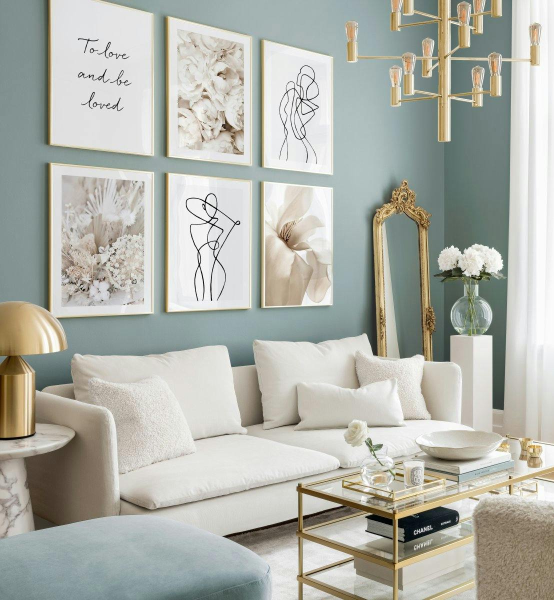 Tonos beige mural de cuadros pósters flores line art sala de estar