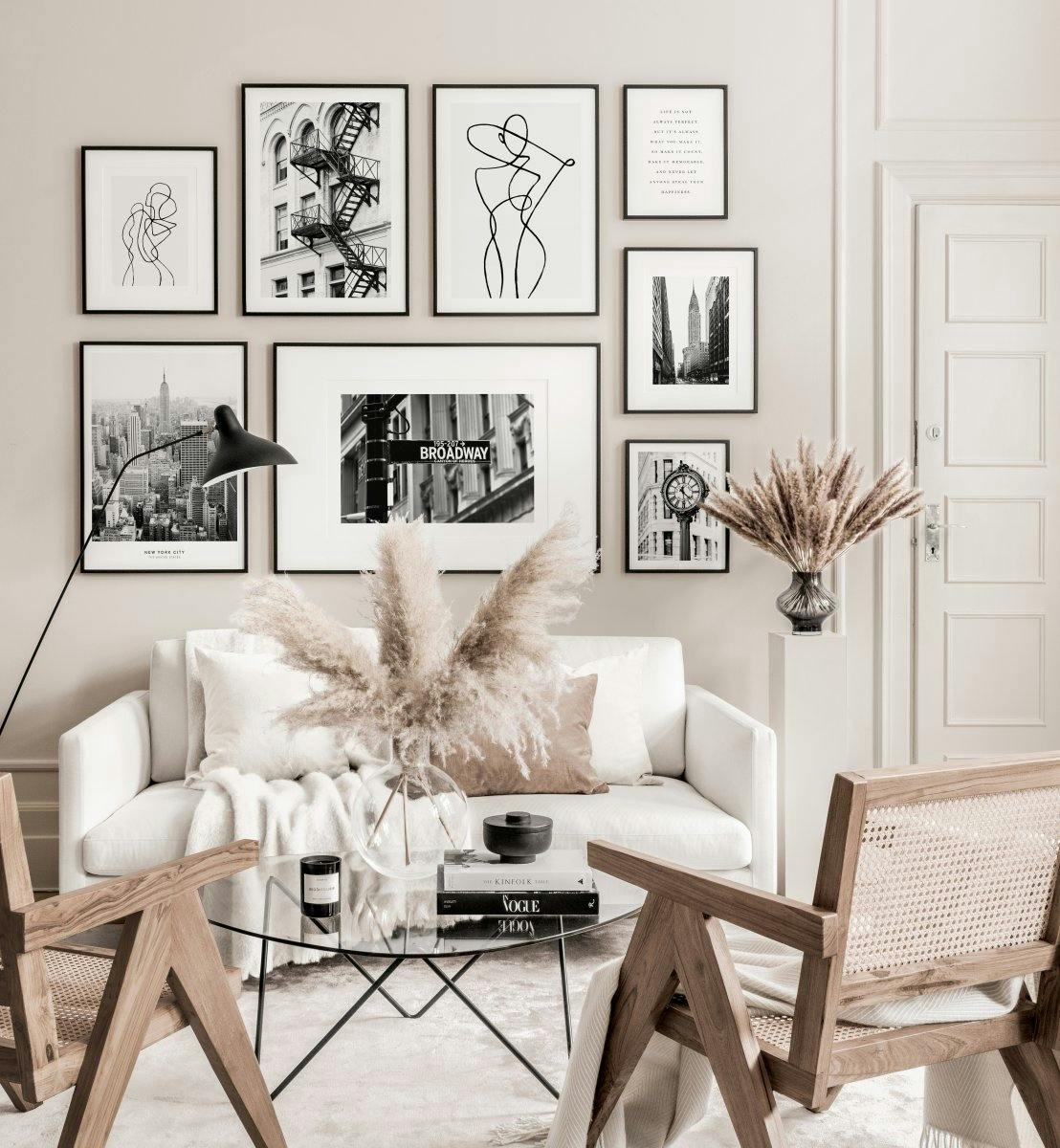 Black and white gallery wall Peytil posters New York black wooden frames