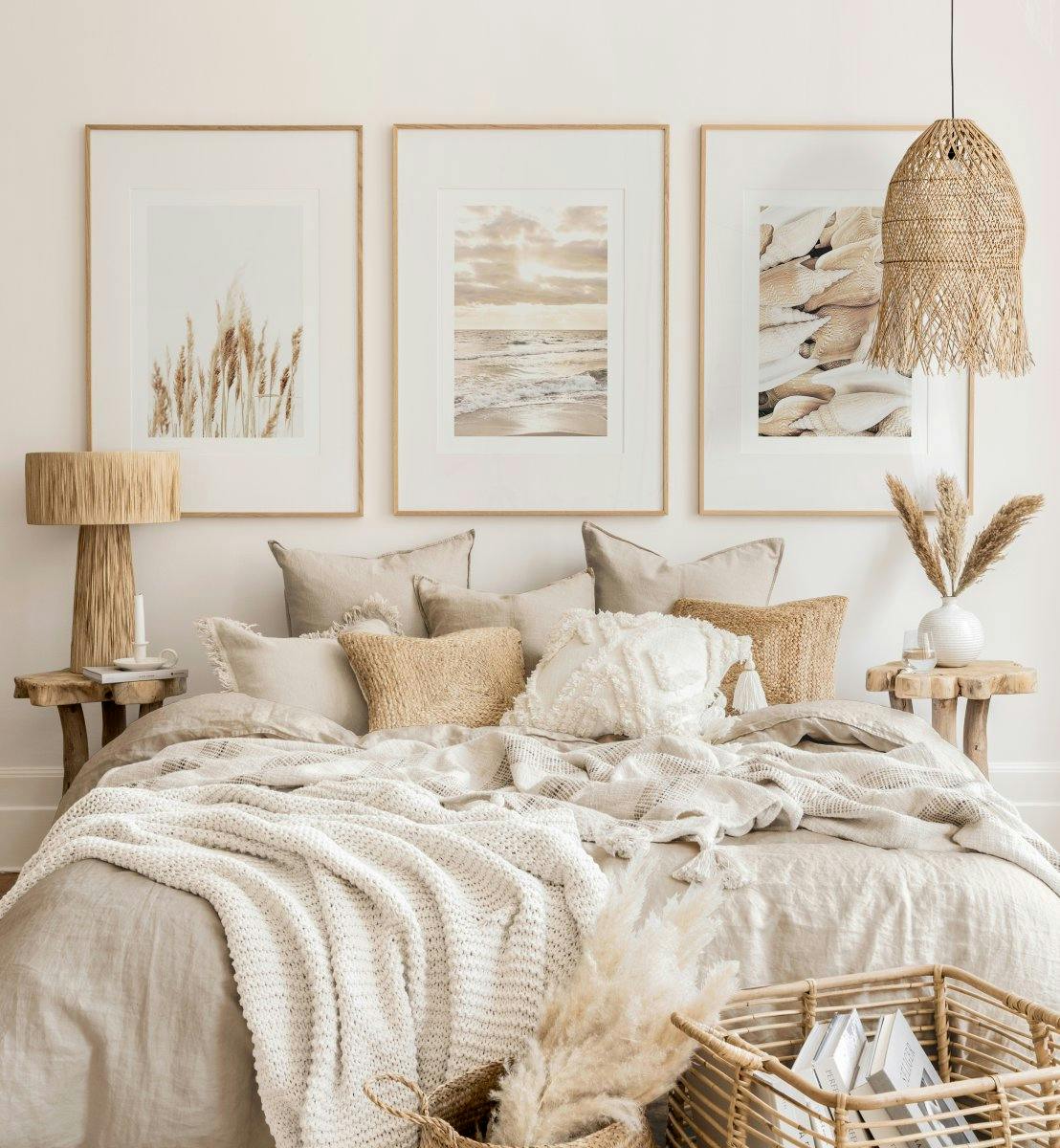 Beiges Meer Bilderwand Strandbilder Muschel Poster Schlafzimmer beige Eichenrahmen