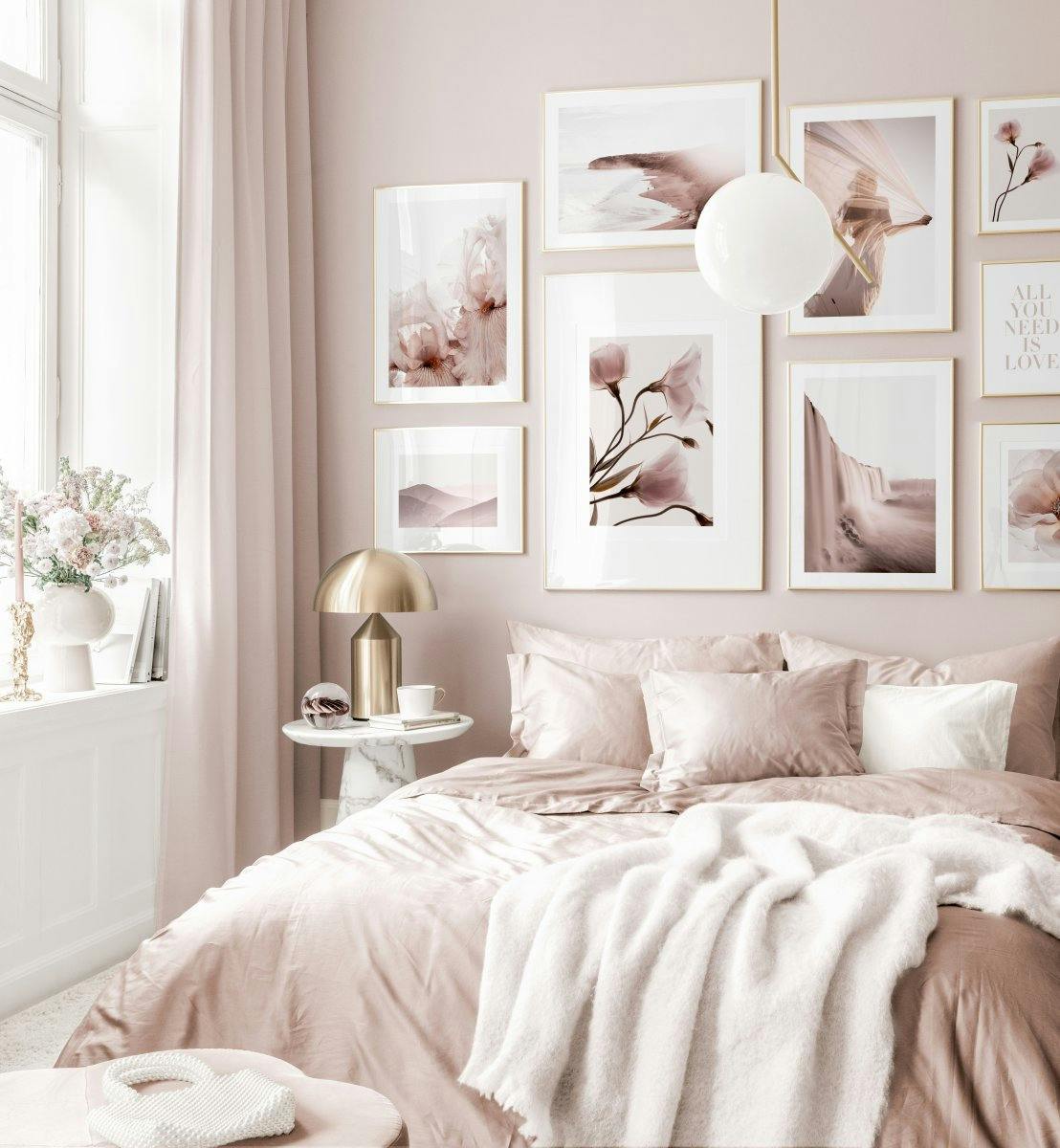 Glamorous gallery wall pink bedroom flower posters golden frames