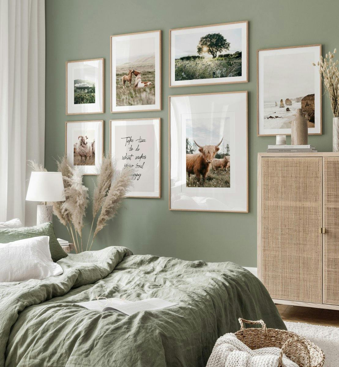 Scottish gallery wall green bedroom highland cattle poster oak frames