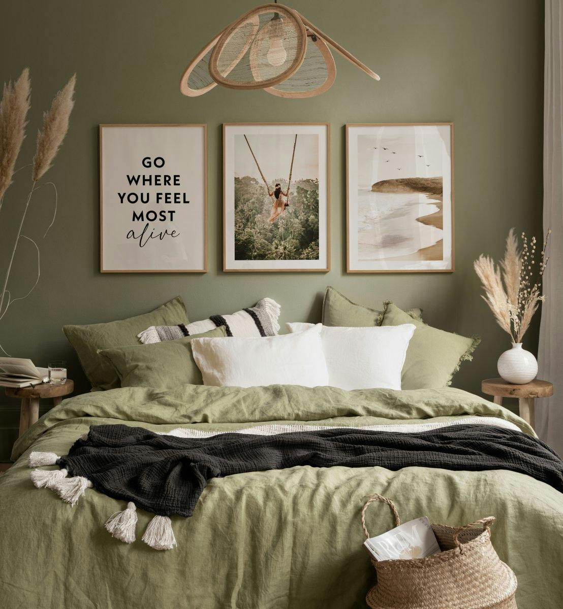 Nature photographs and quotes in serene colours for bedroom