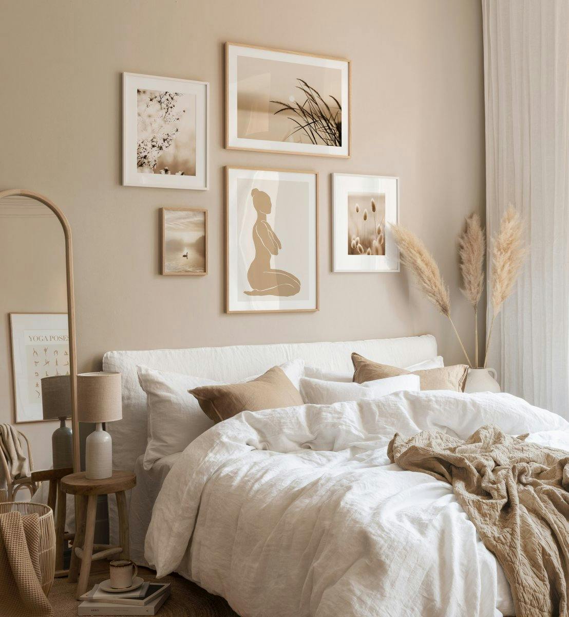 Photographs from nature and illustrations in calm colors for bedroom