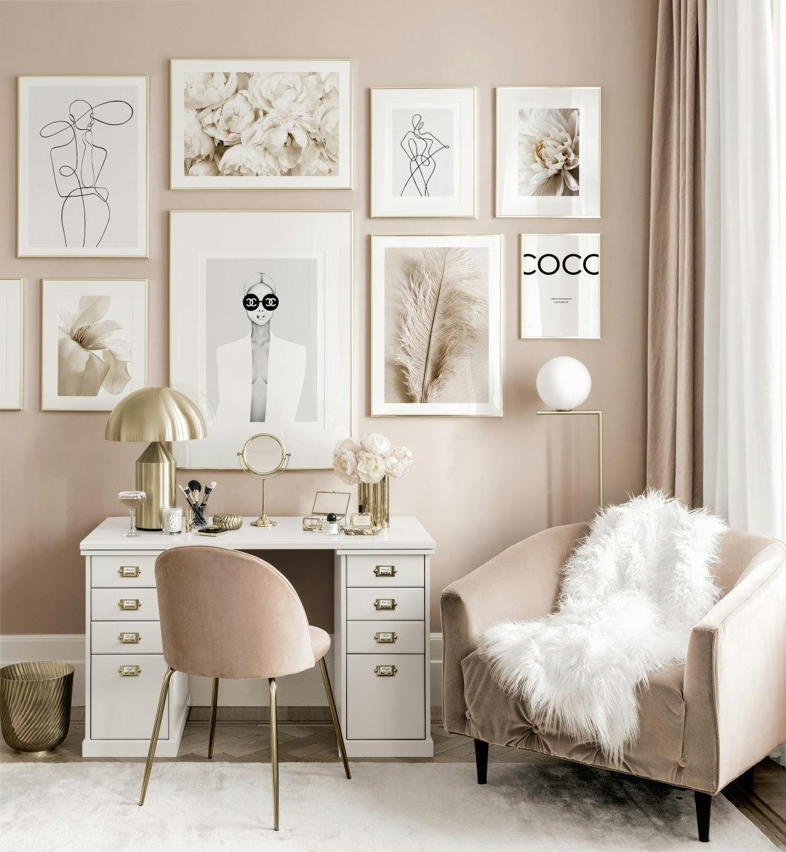 Elegant gallery wall art pink vanity room peytil chanel posters golden frames