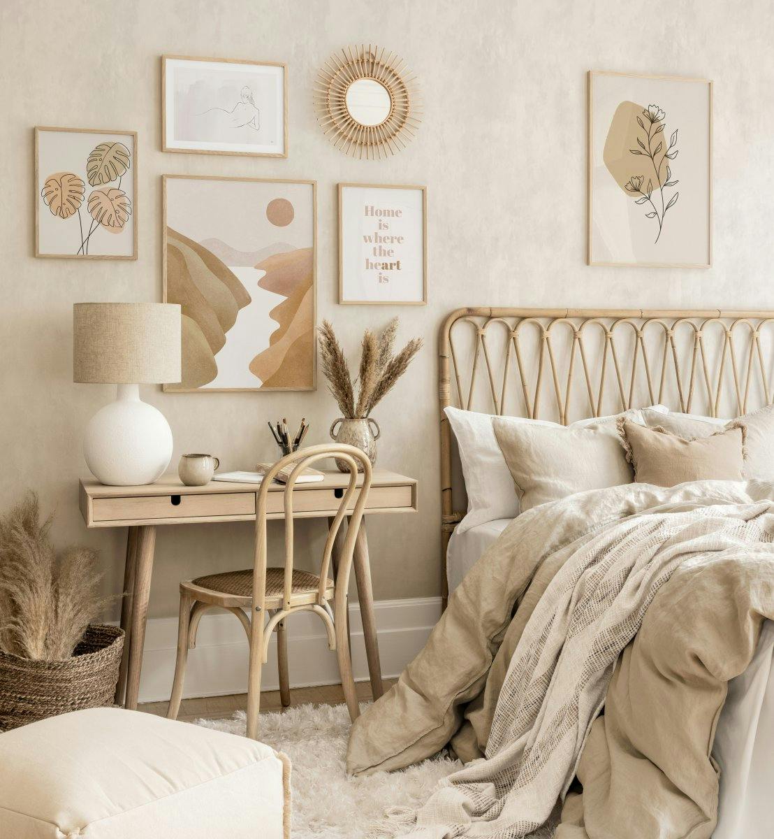 Beige illustraties fotowand beige slaapkamer beige line art