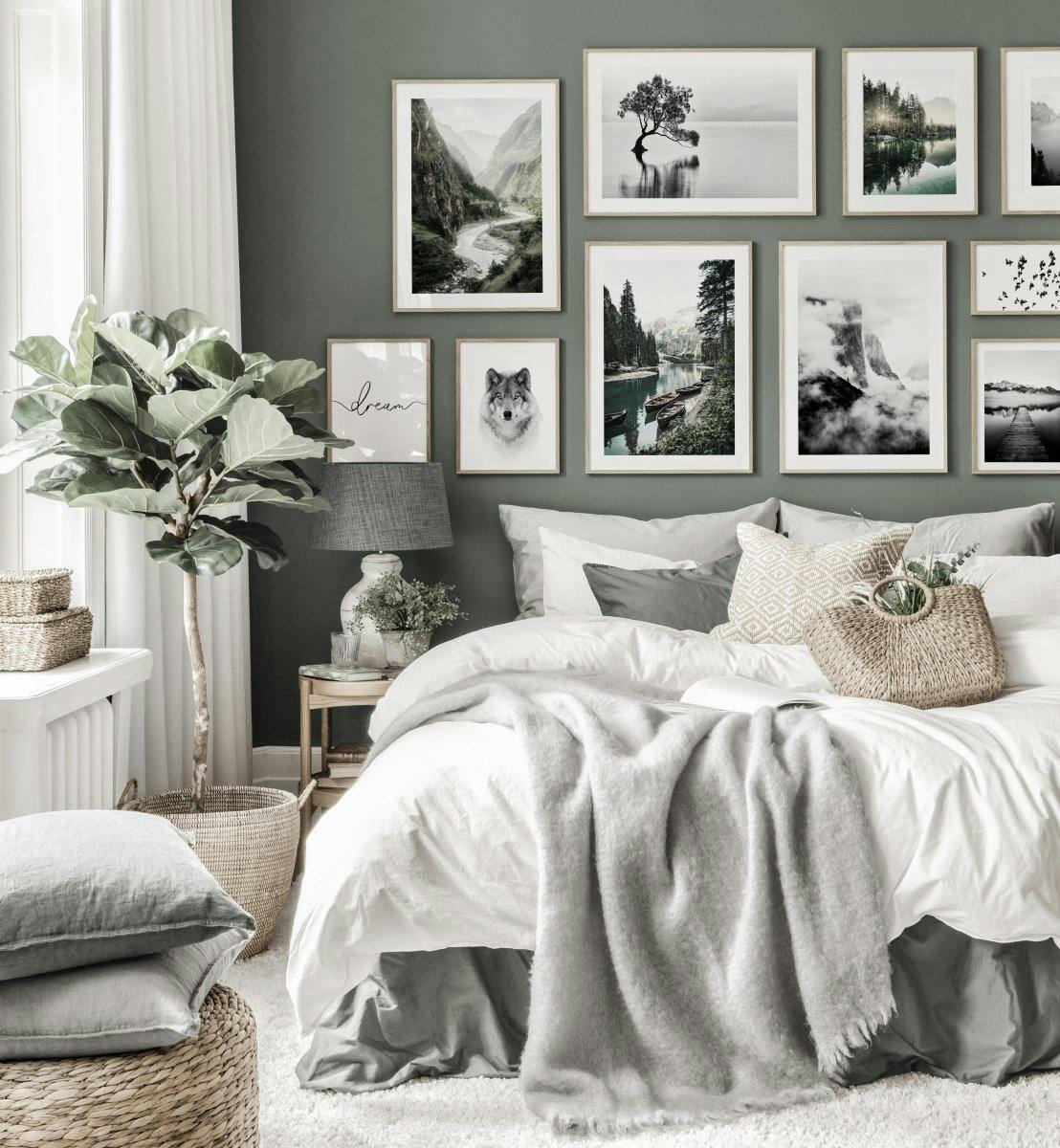 Nature inspired gallery wall green bedroom black white posters oak frames