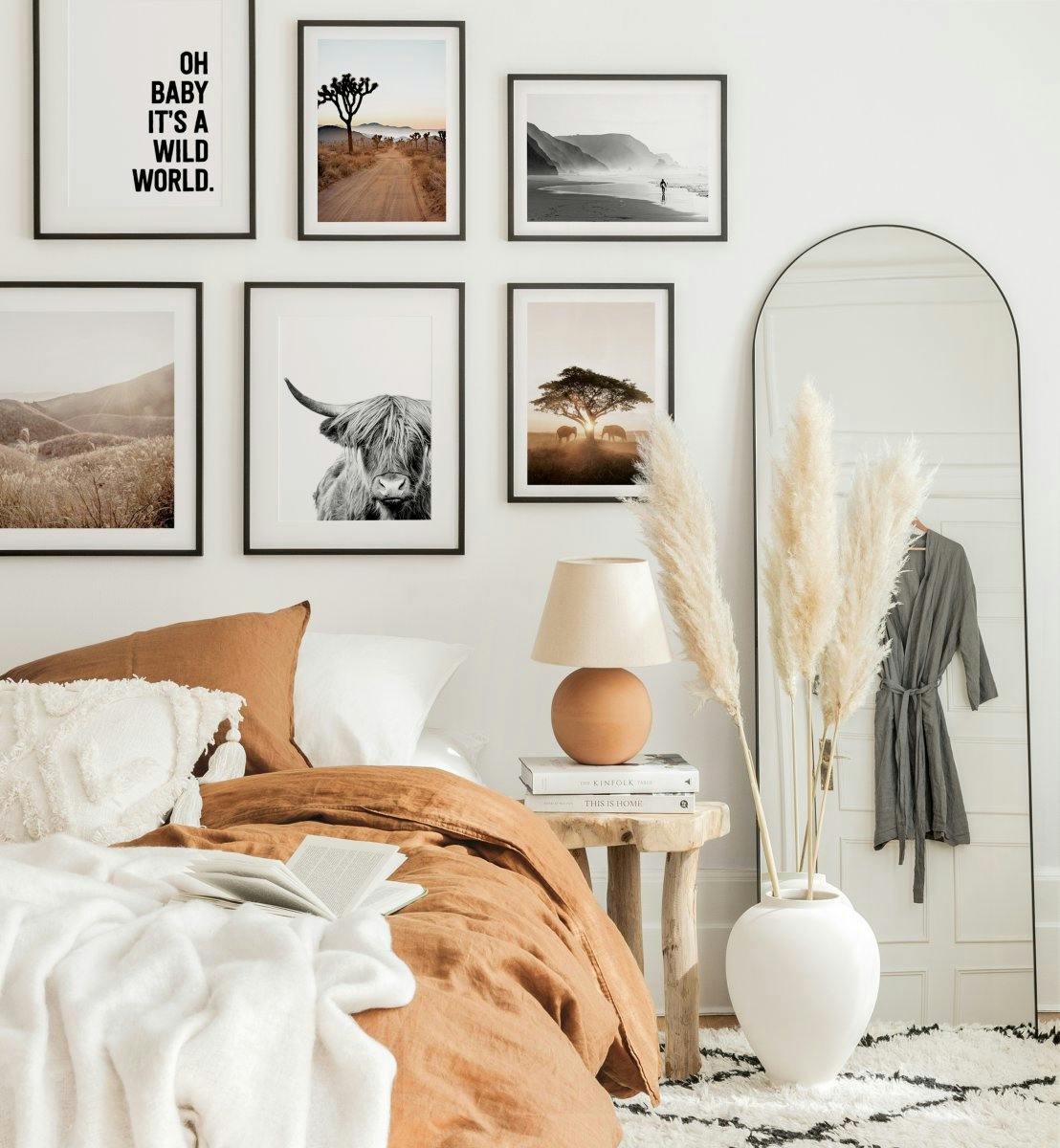 Travel adventure gallery wall landscape prints beige bedroom ideas