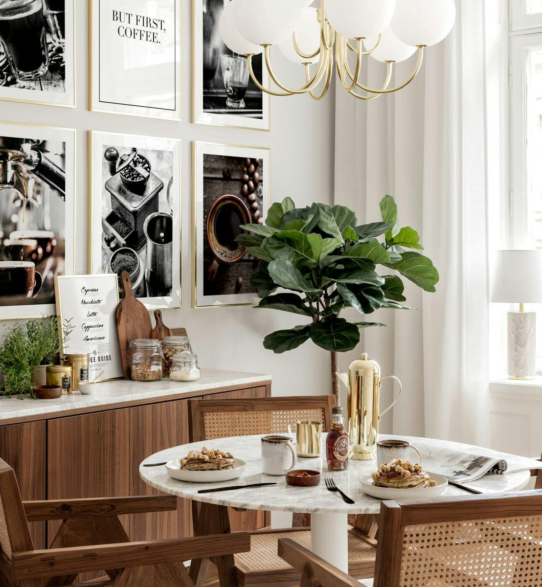 جدار معرض لوحات صور القهوة وإطارات ذهبية لجدارغرفة الطعام