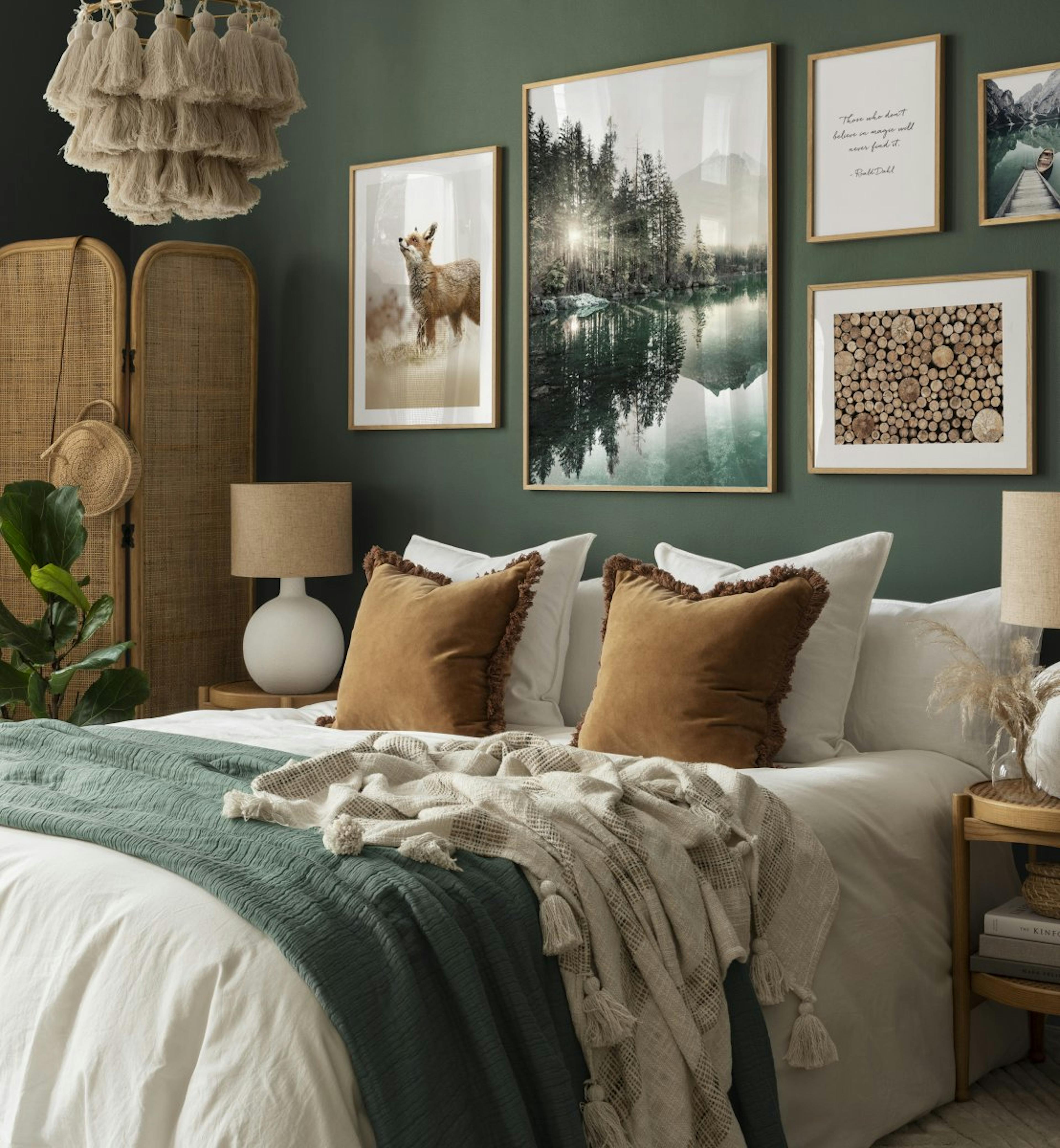 Dark nature posters and animal prints in trendy bohemic bedroom