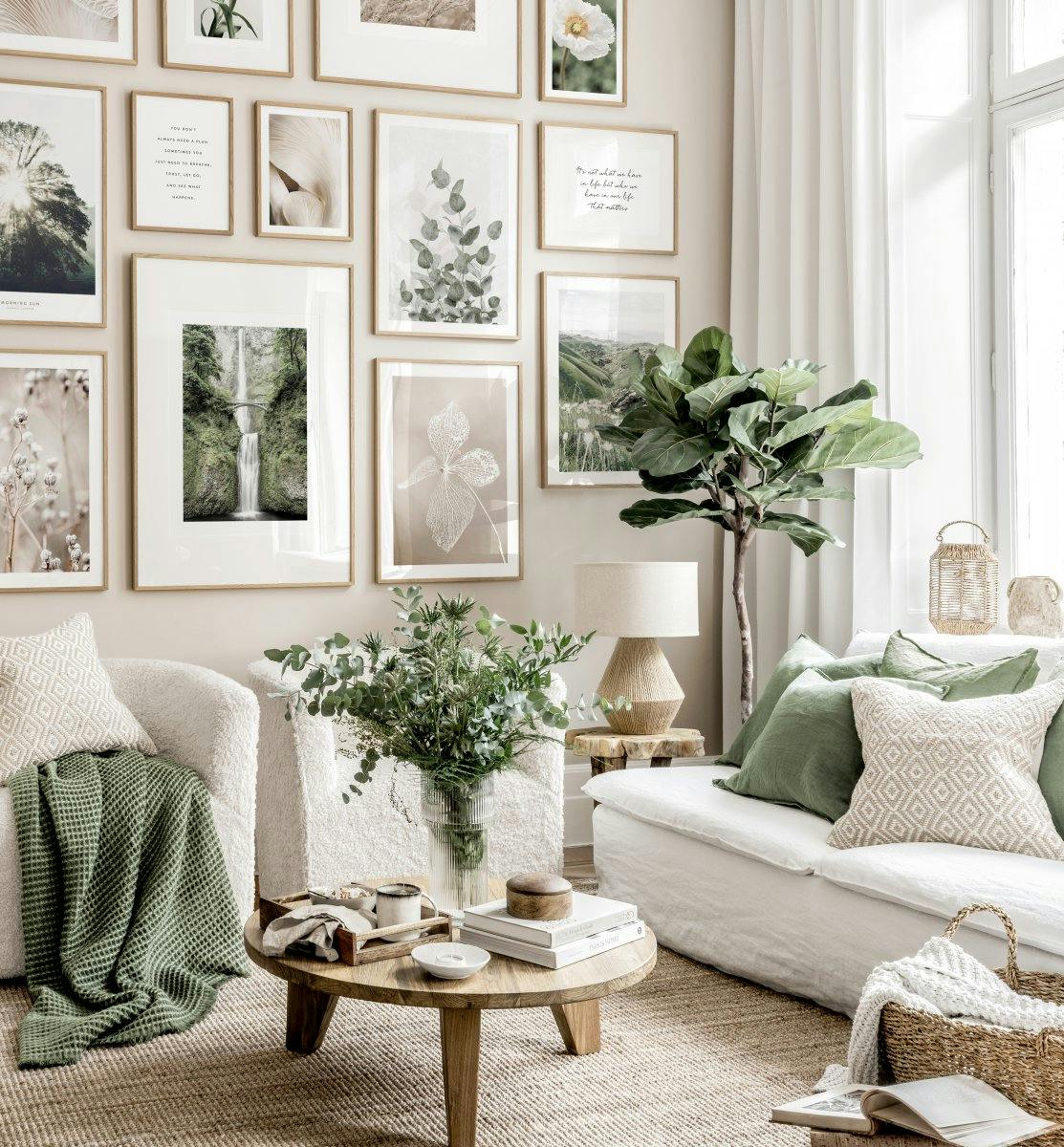 Neutral colour wall art flower posters beige living room oak frames