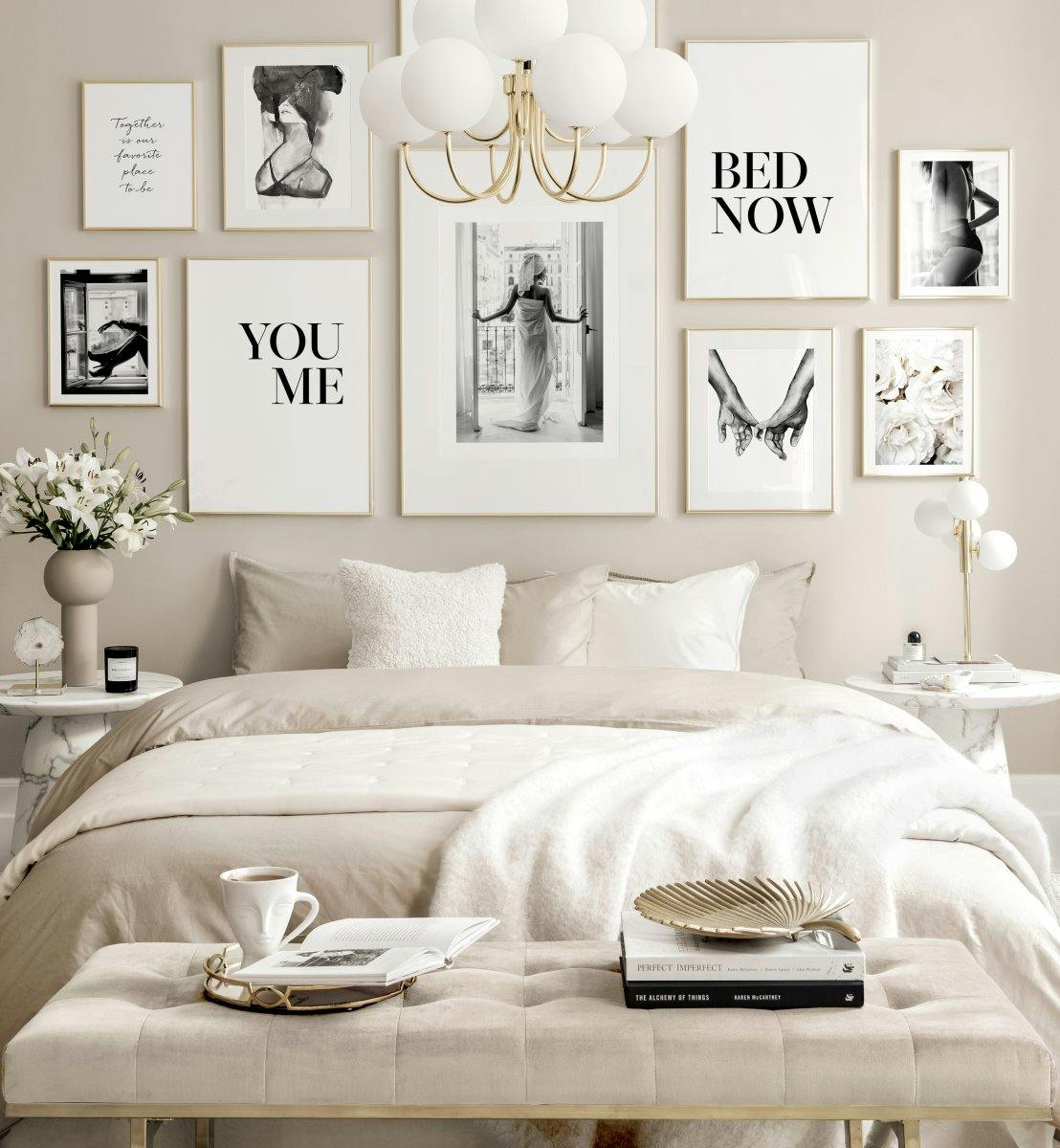 Elegant picture wall black and white prints golden frames