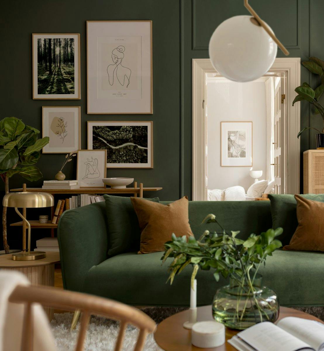 Dark green nature photographs and illustrations for living room