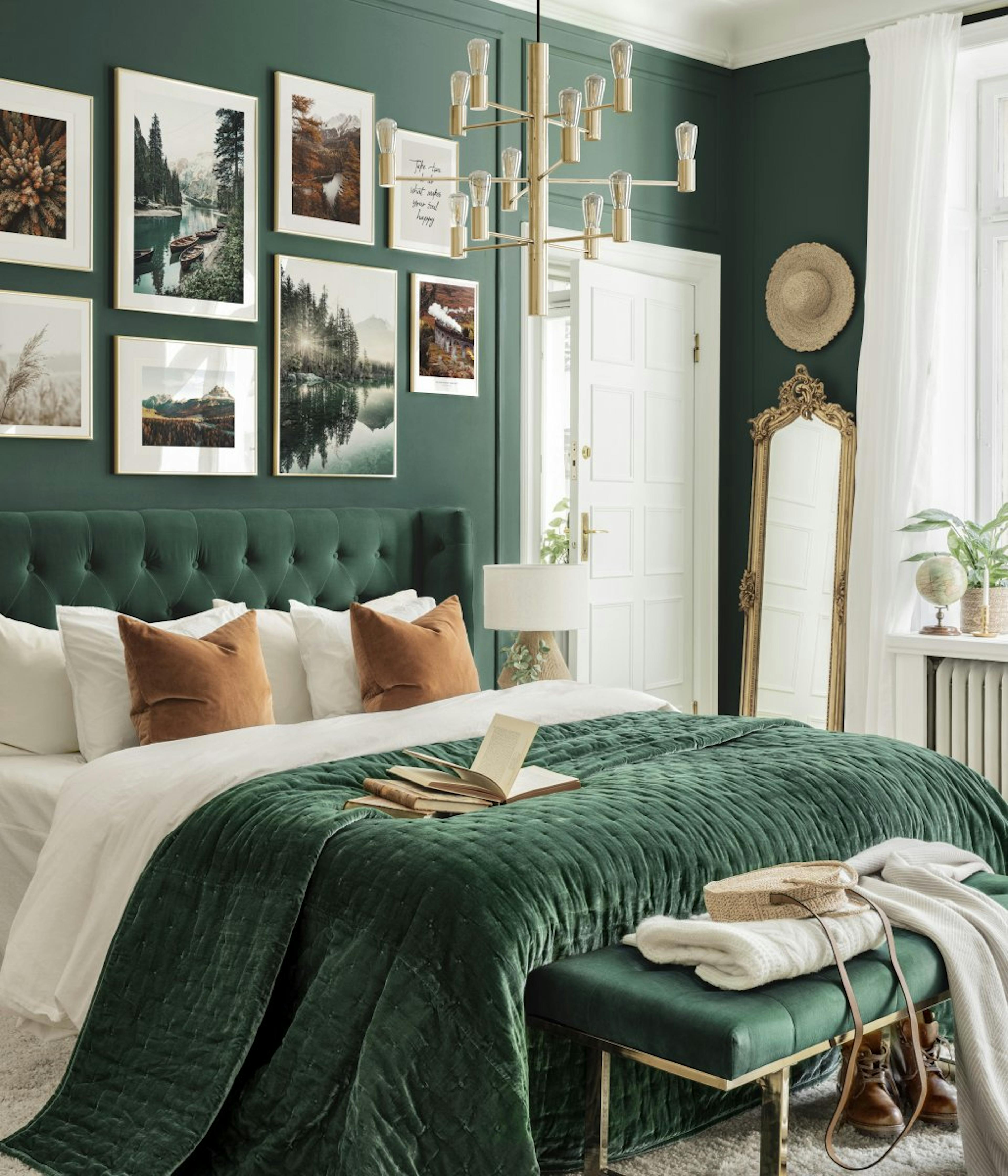 Natuur muurdecoratie groene slaapkamer landschap prints gouden kaders