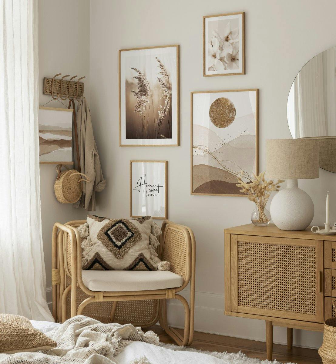 Fotografías beige e ilustraciones para dormitorio