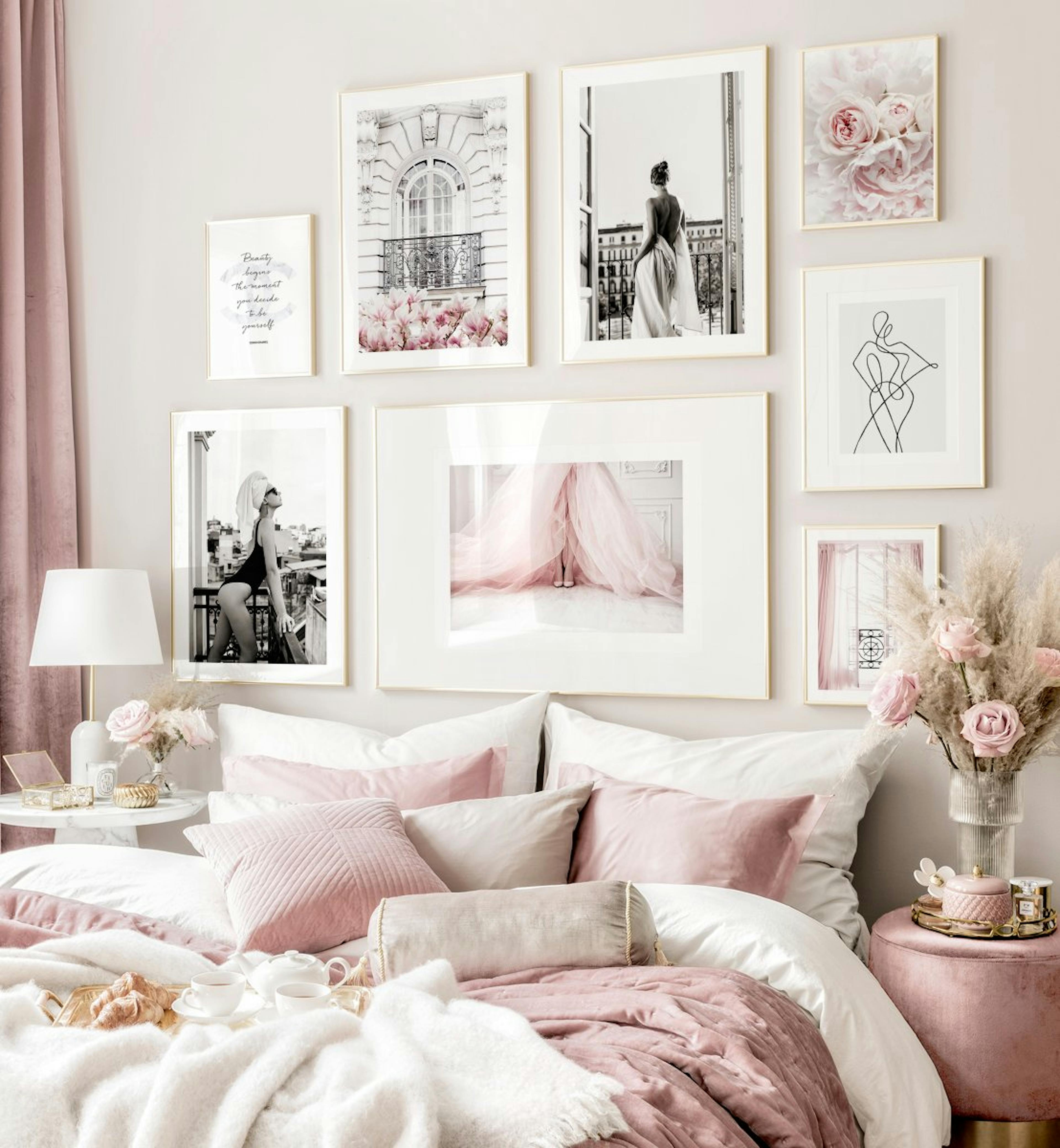 Fashion gallery wall pink bedroom black and white posters golden frames