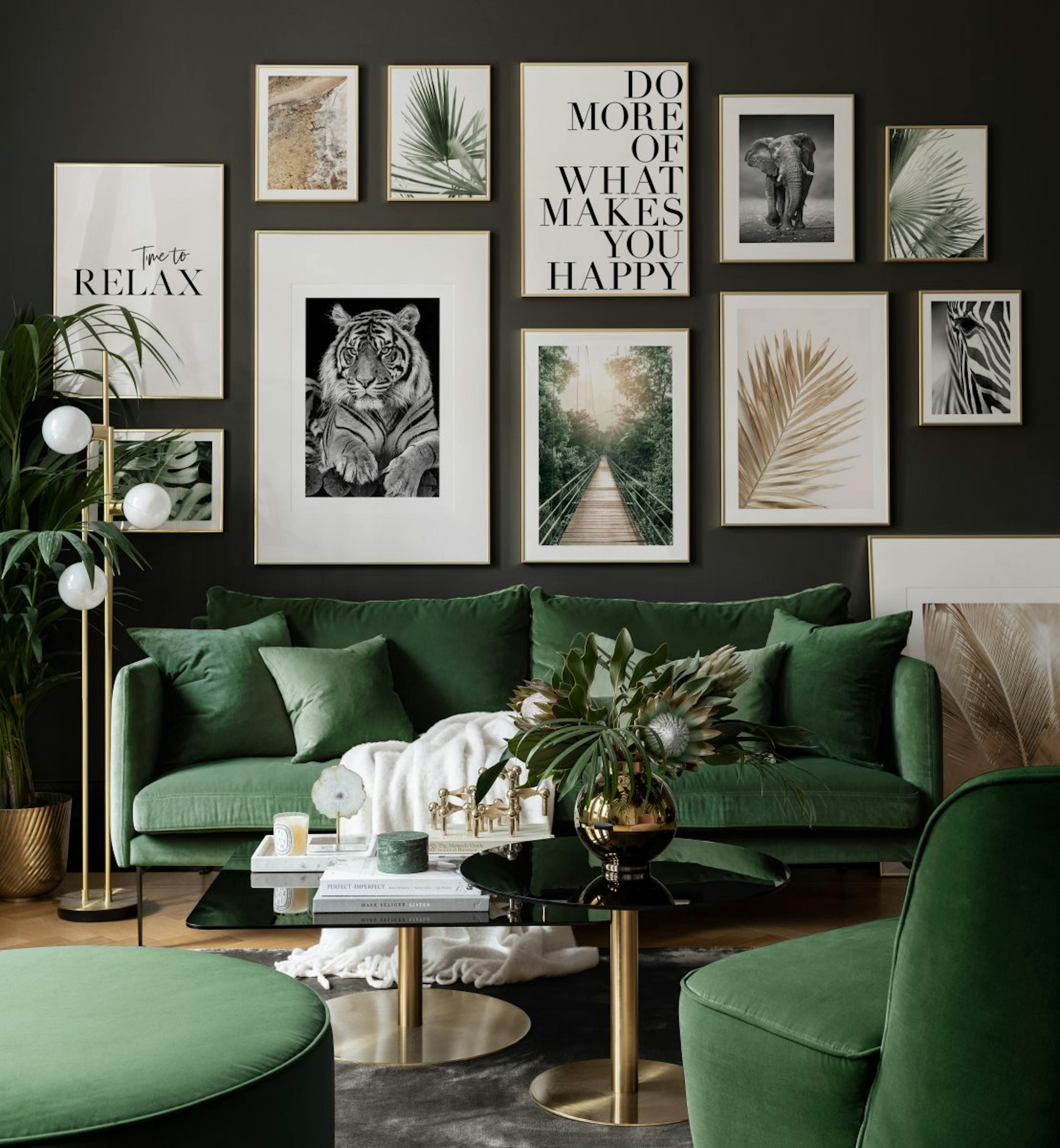 Animal photographs combined with flower and quote prints for living room