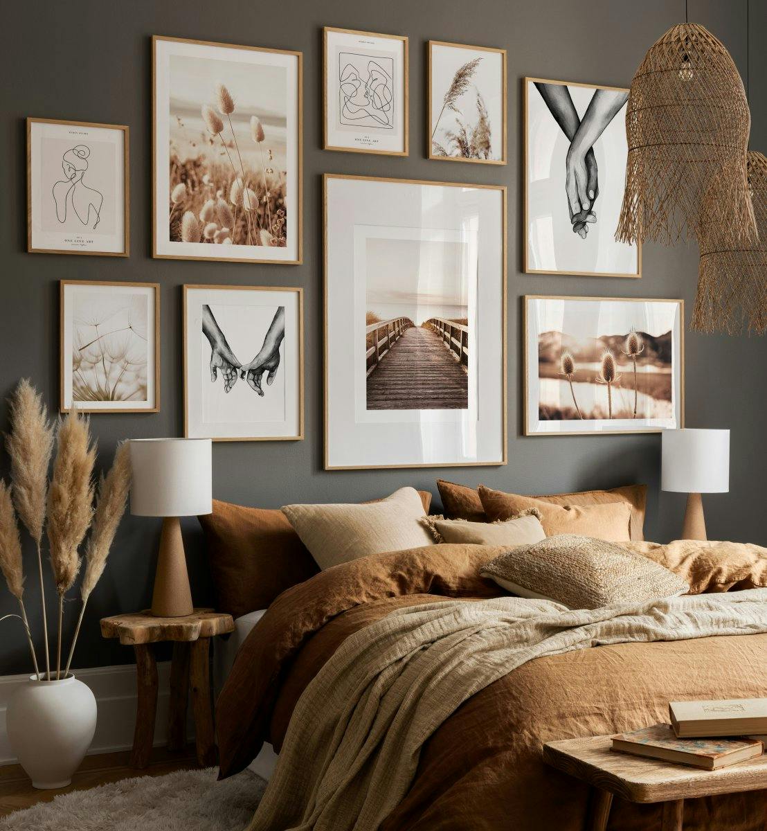 Beige serene nature photographs with black and white prints for bedroom