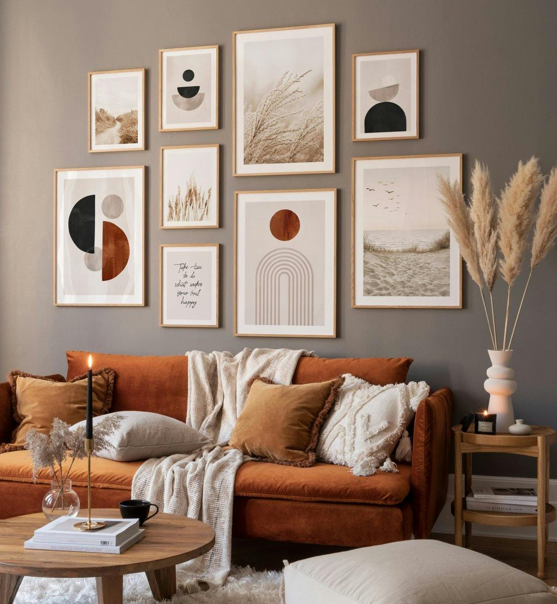 Graphic illustrations combined with nature prints and quotes for living room