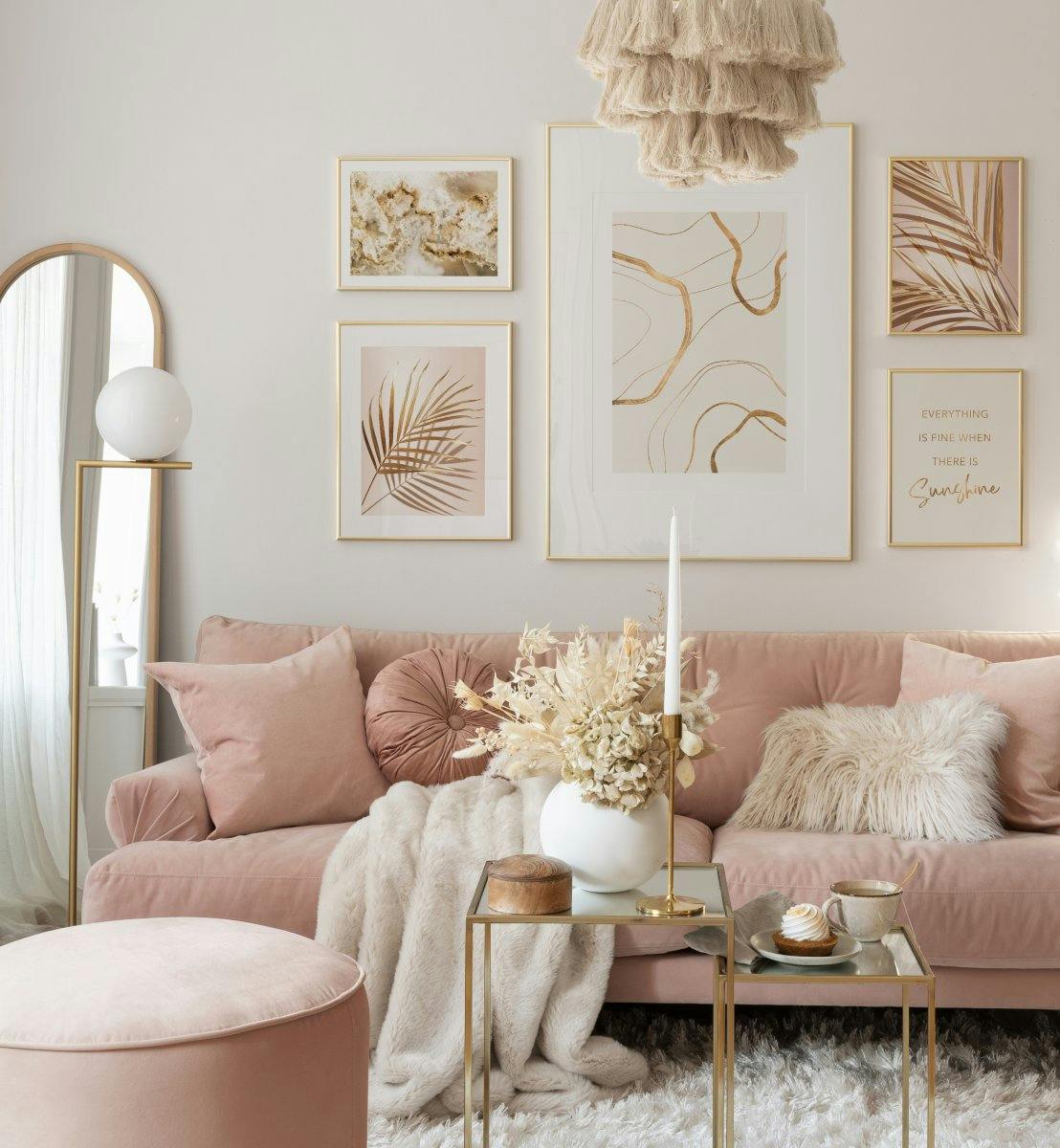 Serene illustrations and photographs in beige colours for living room