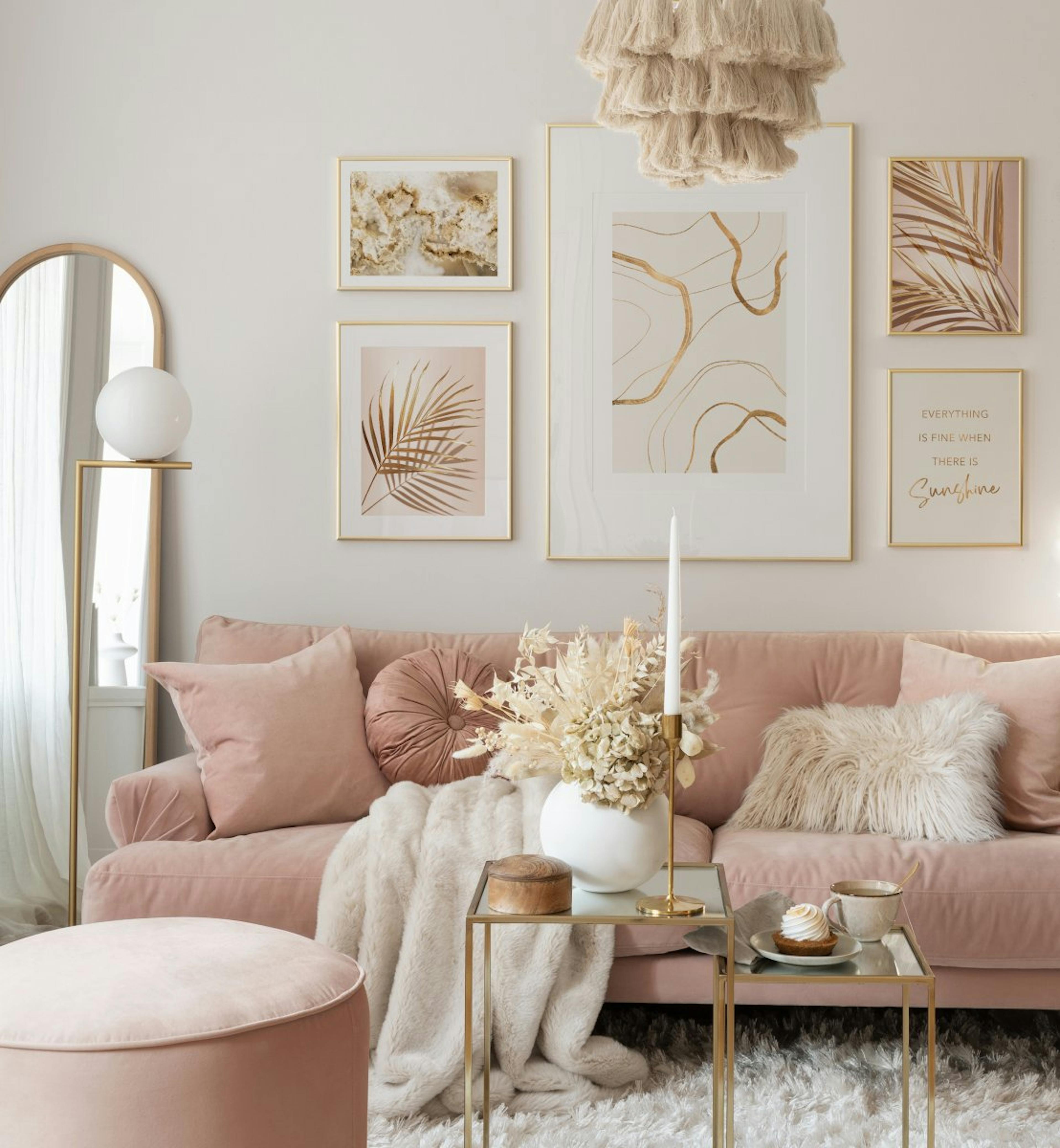 Serene illustrations and photographs in beige colours for living room