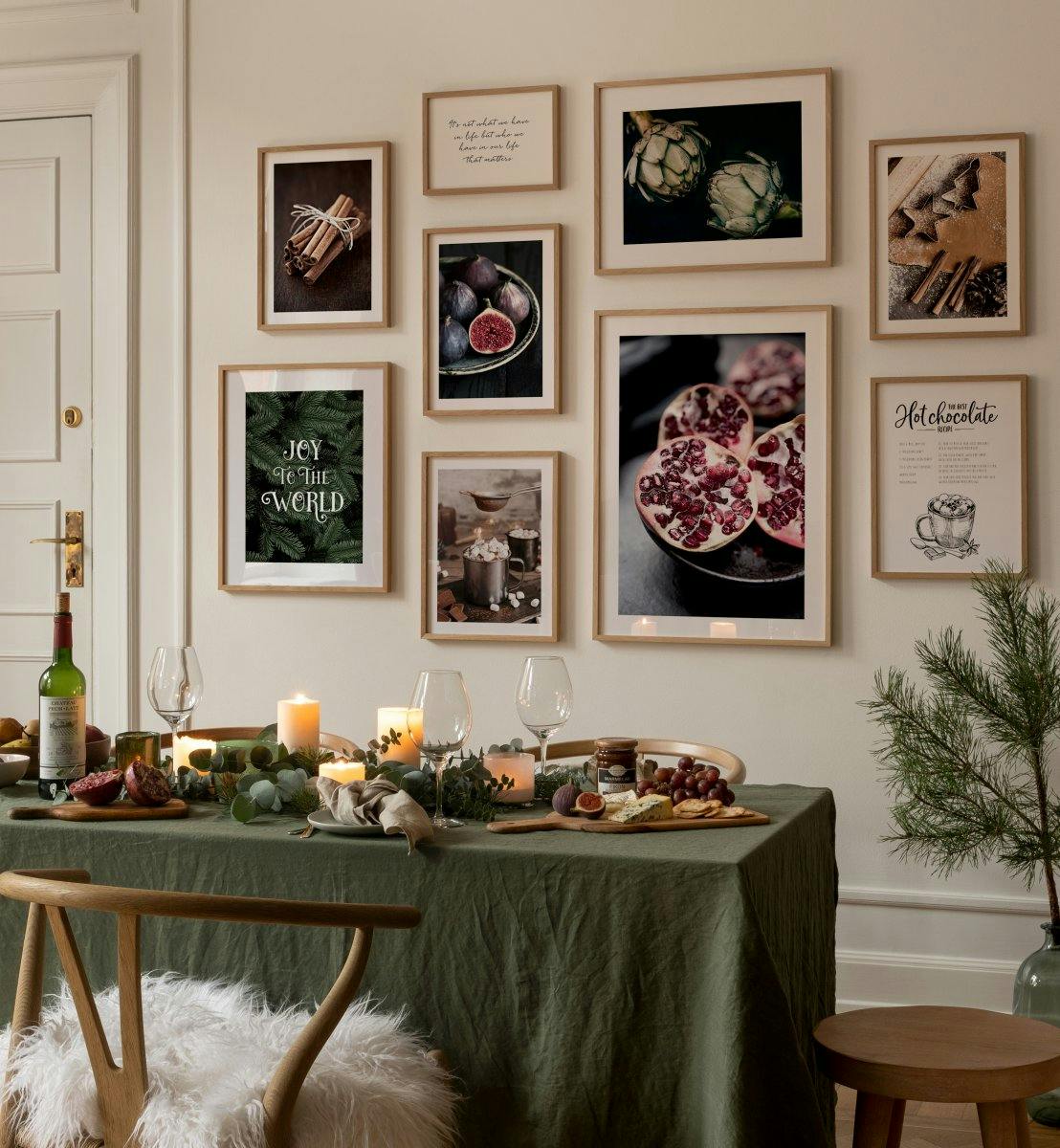 Op eten geïnspireerde kerst- en typografische posters voor de keuken