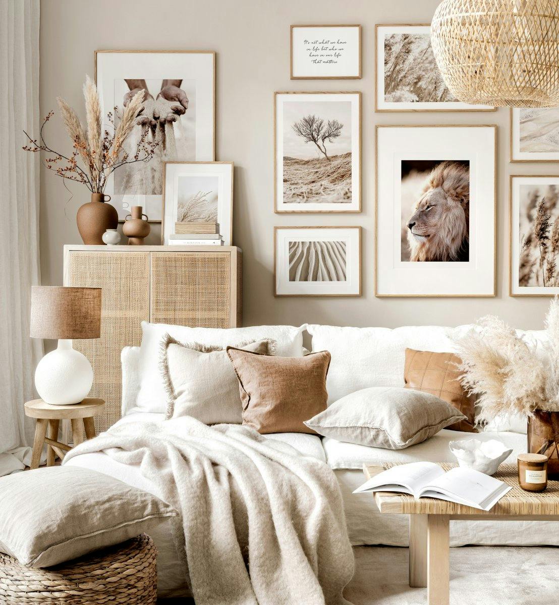 Neutral gallery wall nature prints beige living room oak frames