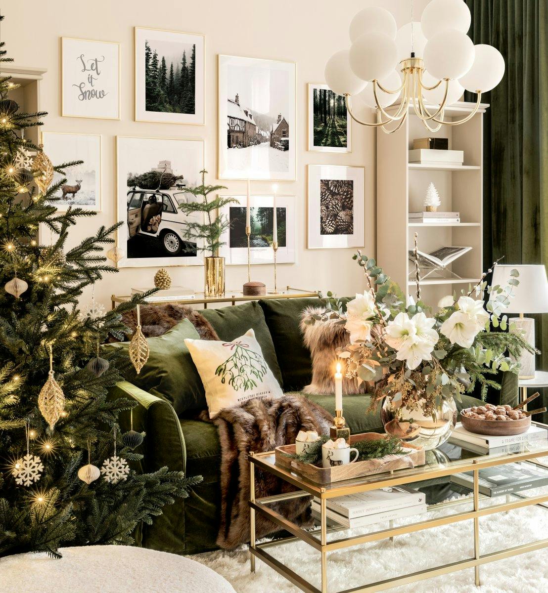 Winter gallery wall Christmas posters golden frames